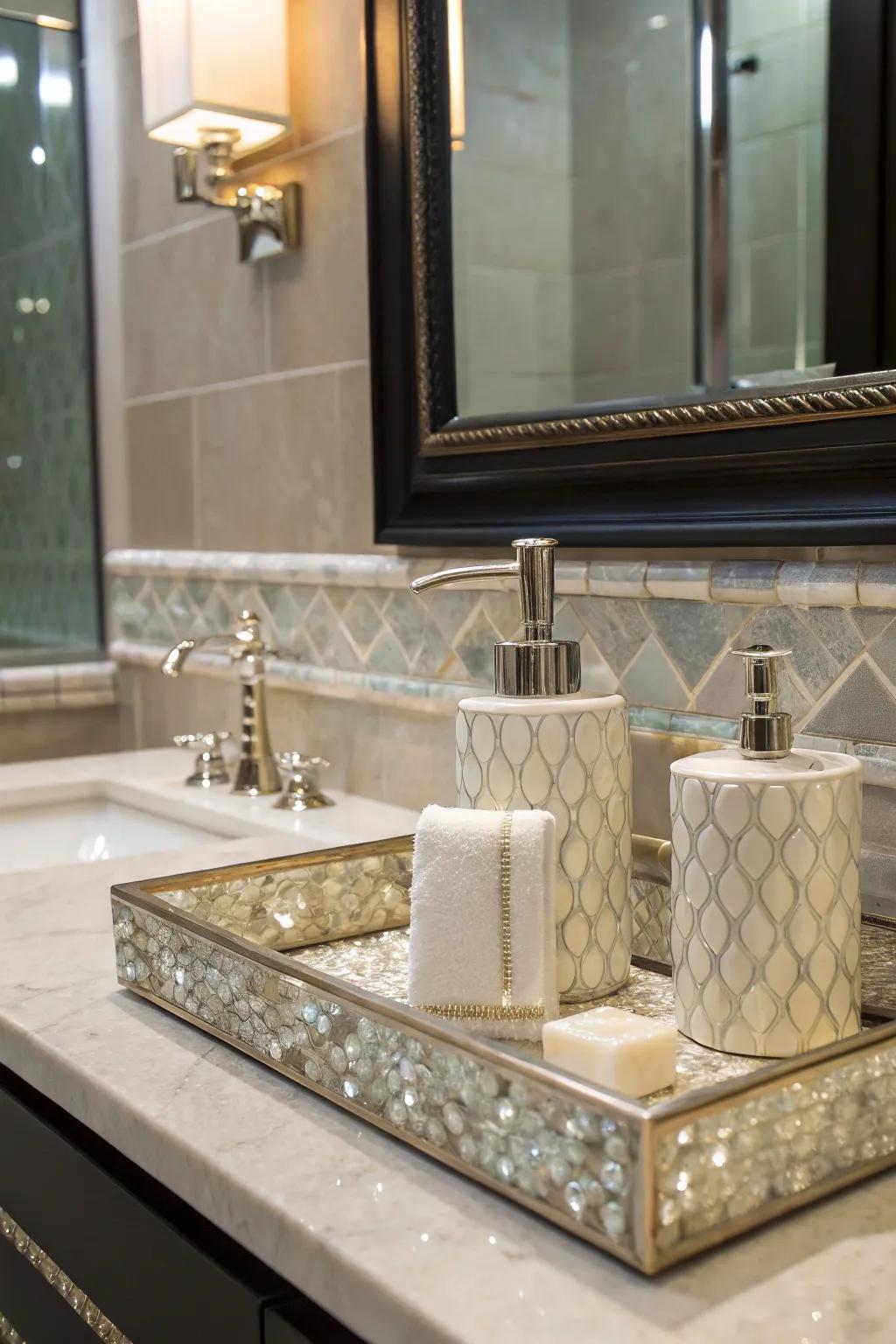 A mother of pearl surface adds charm and functionality to your vanity space.