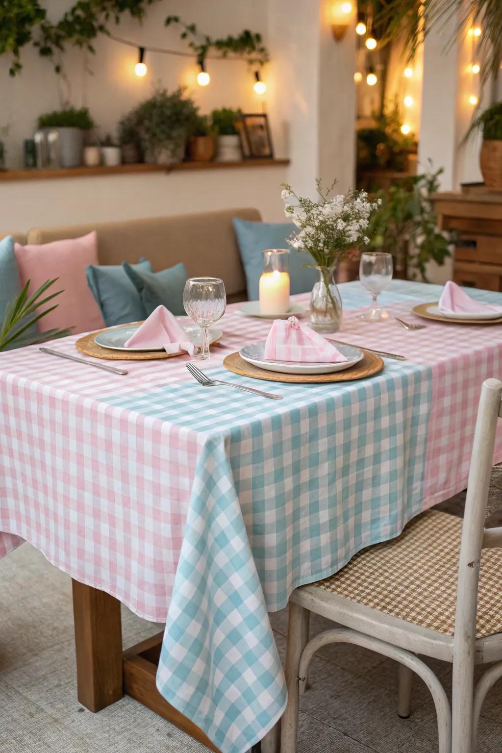 Delicate soft-hued table linens foster an inviting atmosphere.