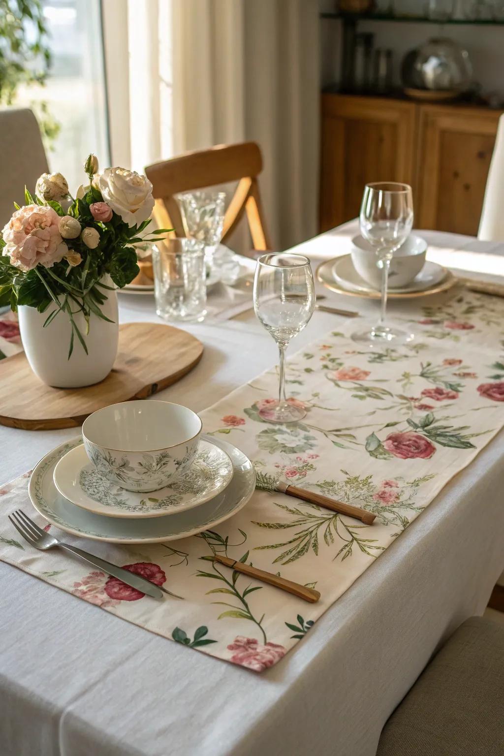 A floral table runner imparts a revitalizing element to the dining setting.