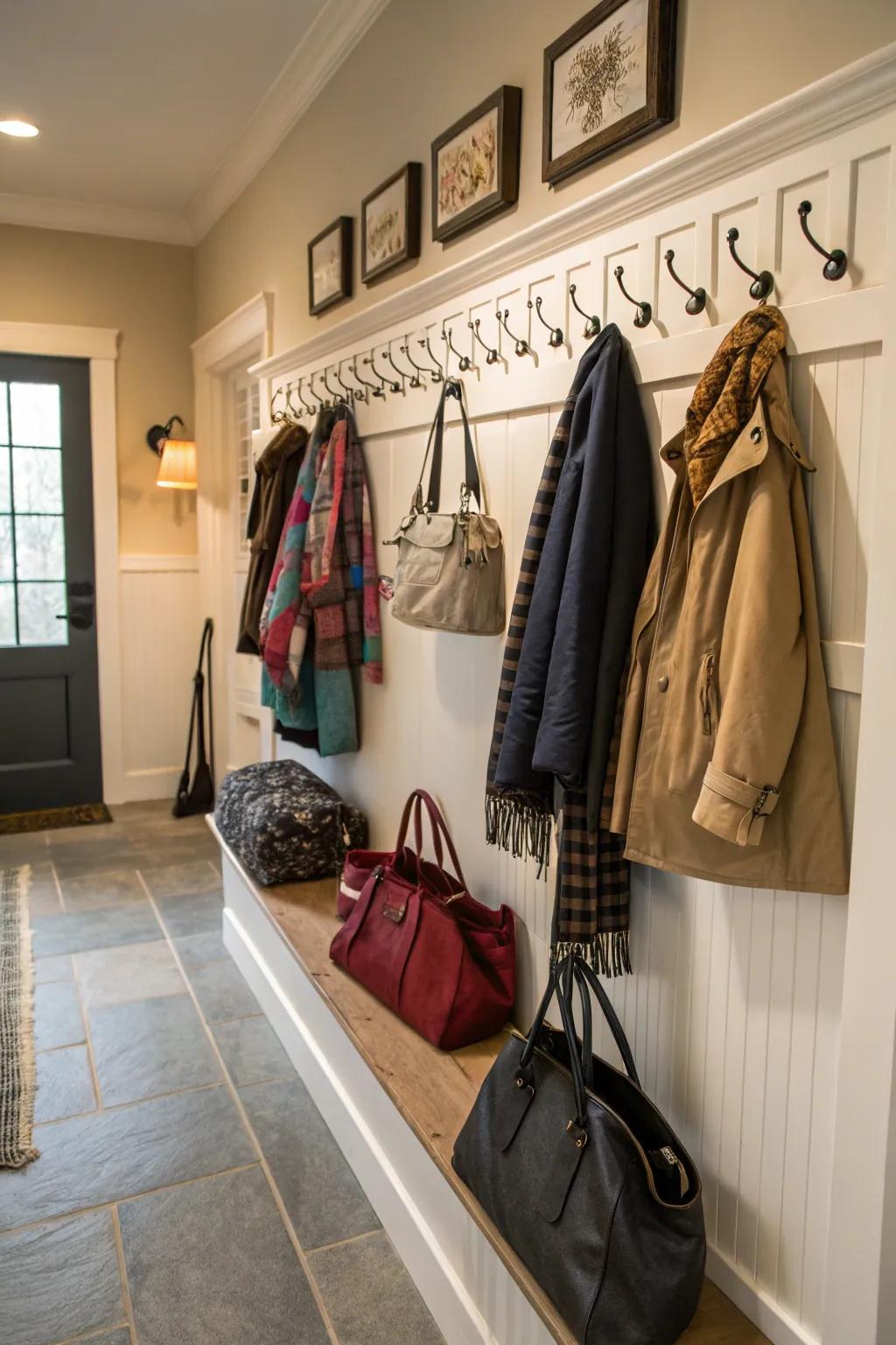 Mudroom partition featuring fasteners suspending coats and bags.