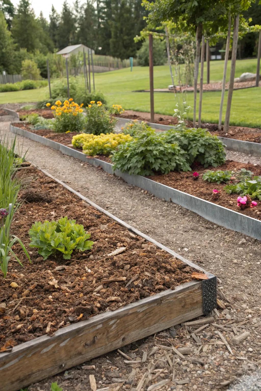 Layered mulch borders featuring metal edging for a pristine appearance.