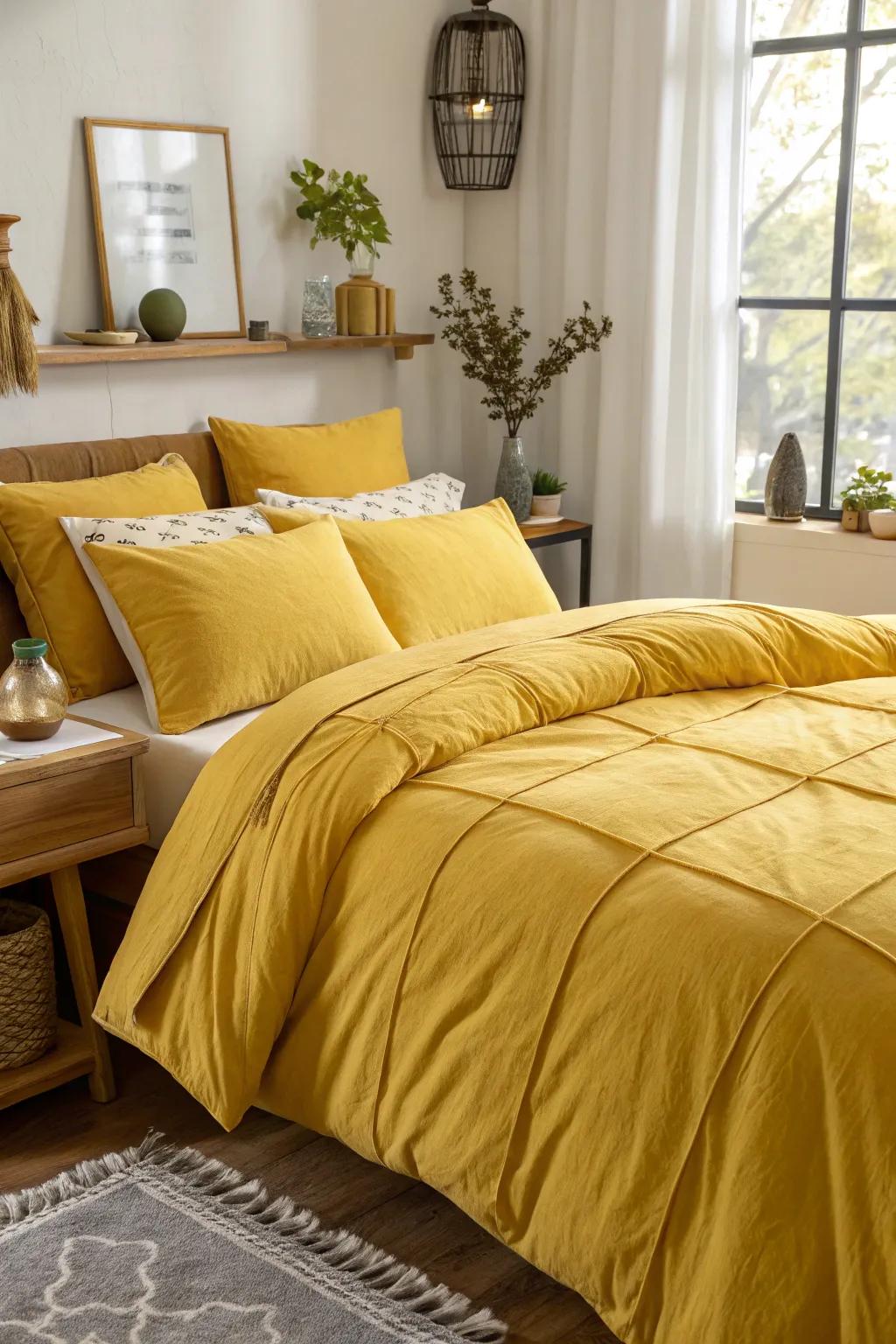 A sleeping chamber spotlighting lavish amber-toned bedding alongside sumptuous cushions.