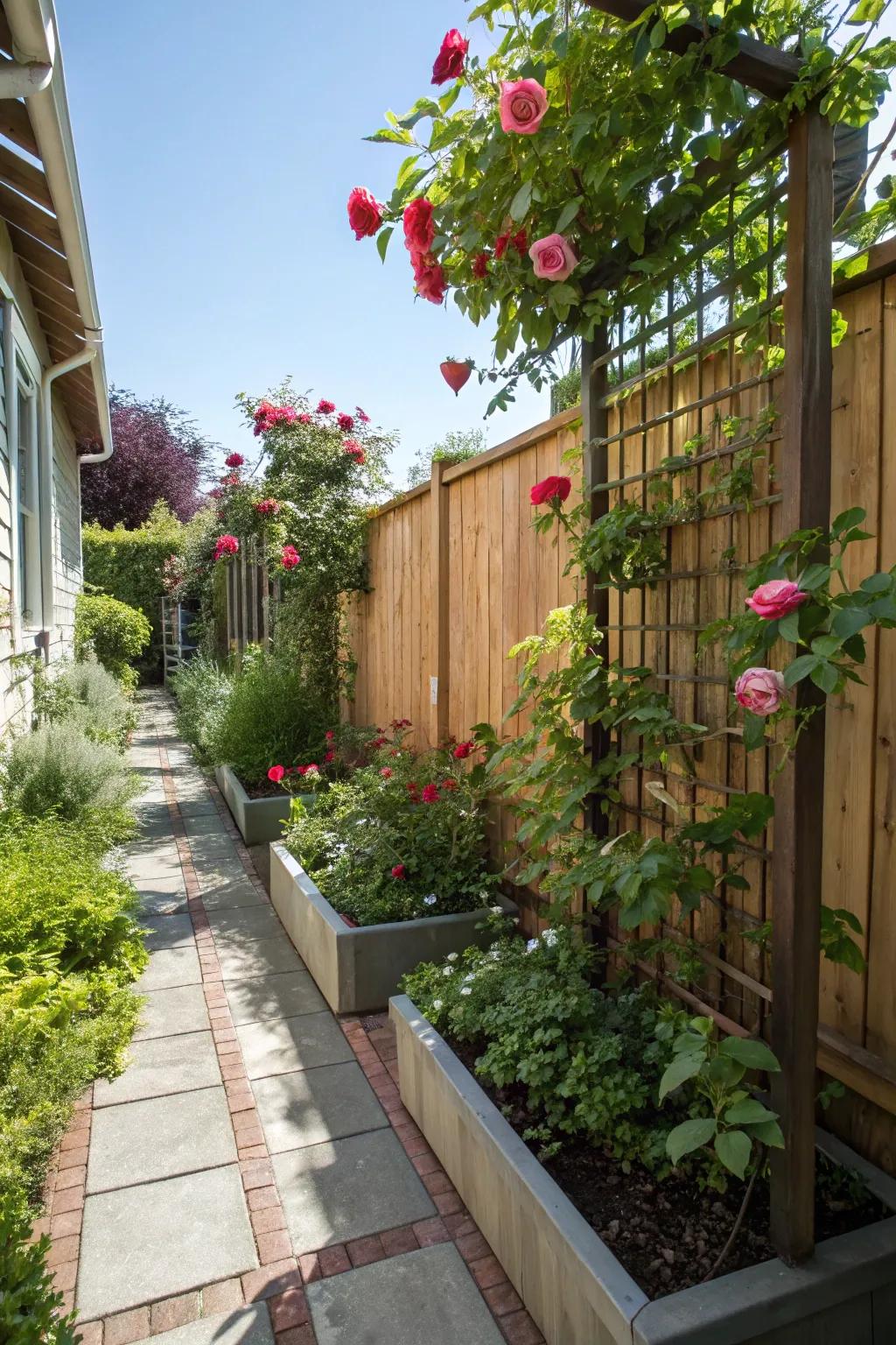Vertical vegetation incorporates lavish strata to a narrow garden.