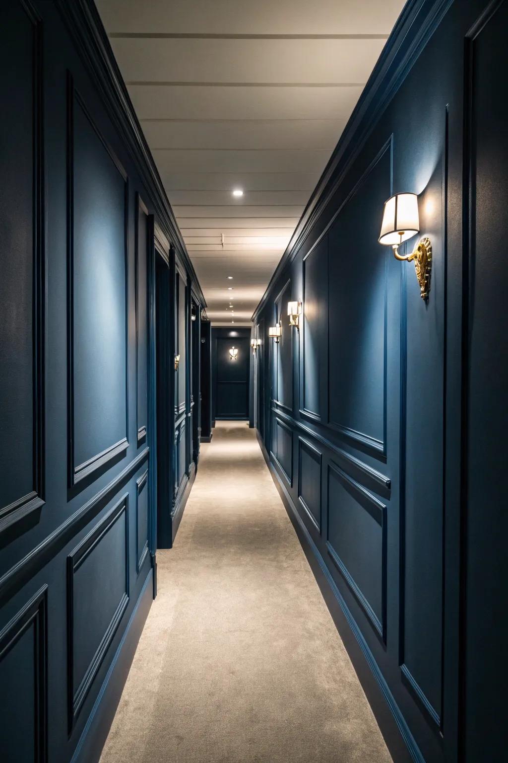 A striking feature wall inserts a compelling point of focus in a slender entryway.