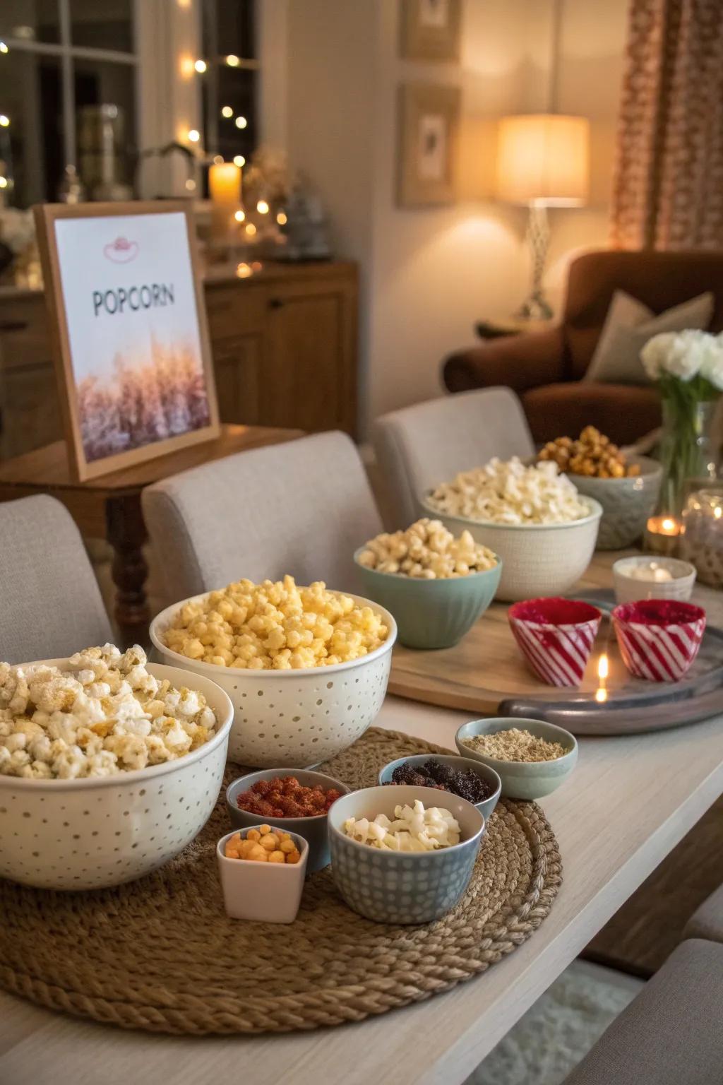 A table arranged for a popcorn sampling gathering, presenting a spectrum of flavors.
