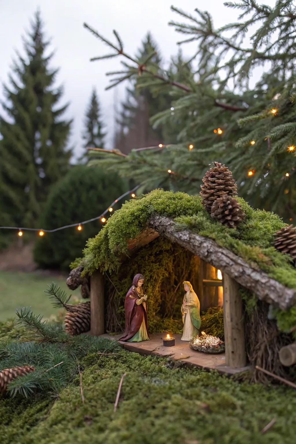 Integrating natural elements lends a more authentic quality to the nativity presentation.