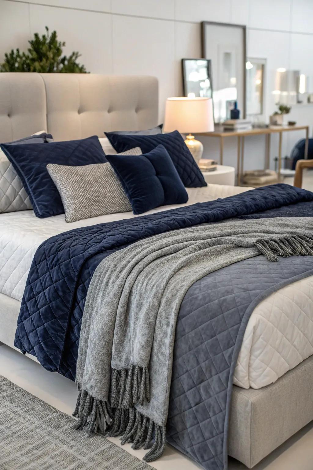 Layering different textures in grey and navy brings warmth and comfort to the bedroom.