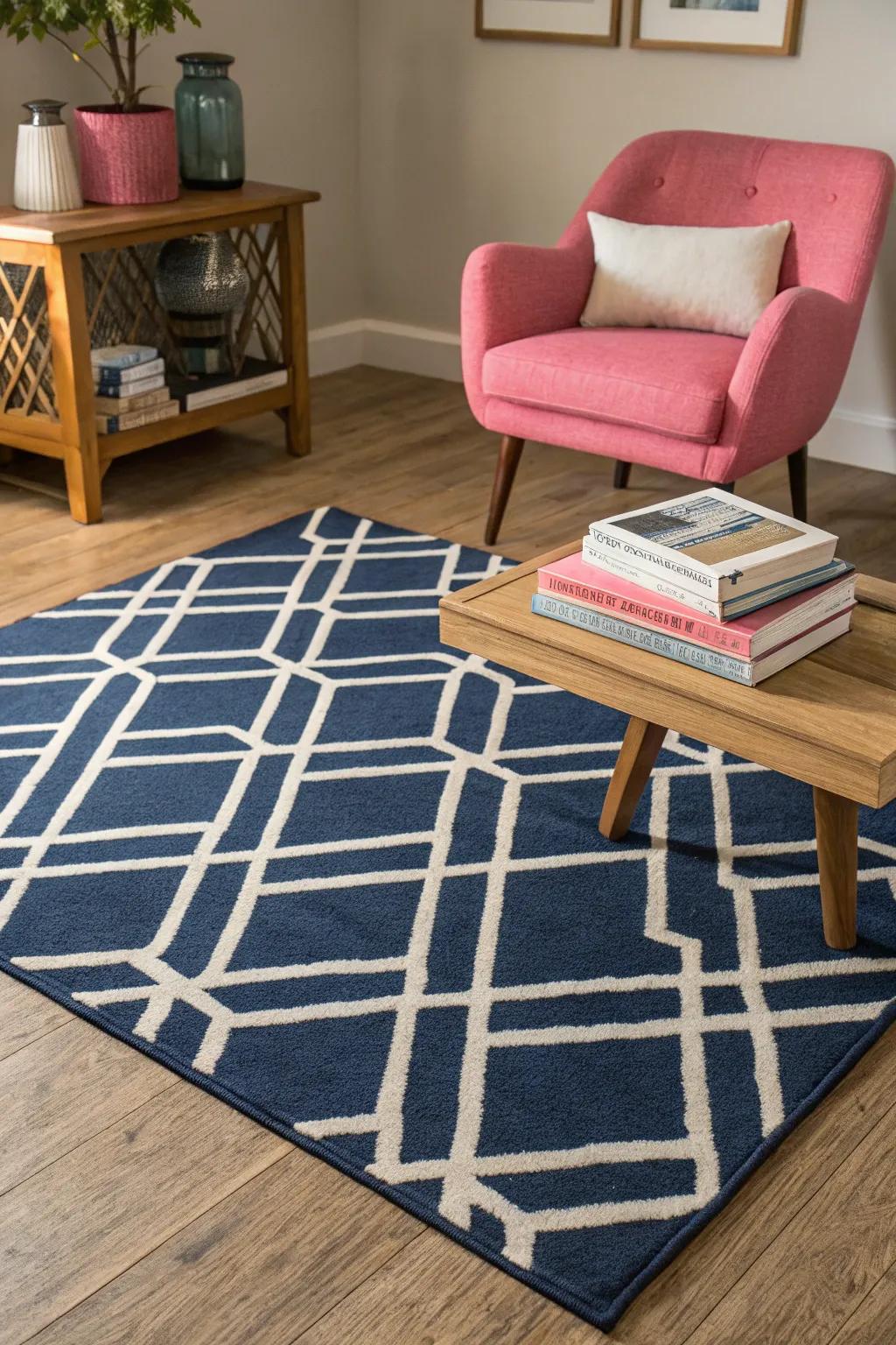 Patterned ground coverings enhance the navy and pink palette with depth and texture.
