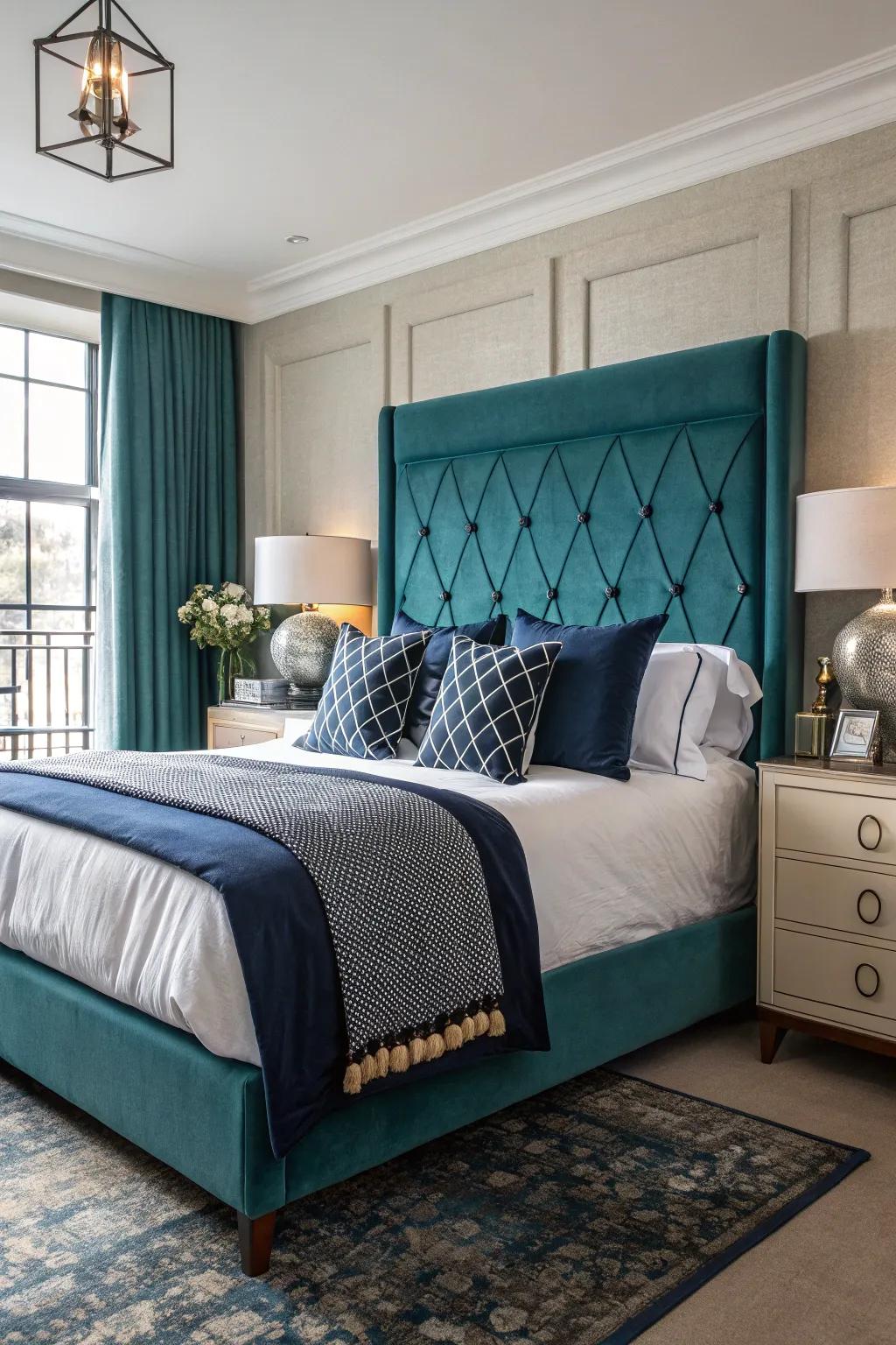 A teal headboard introduces a vibrant focal point to your room.