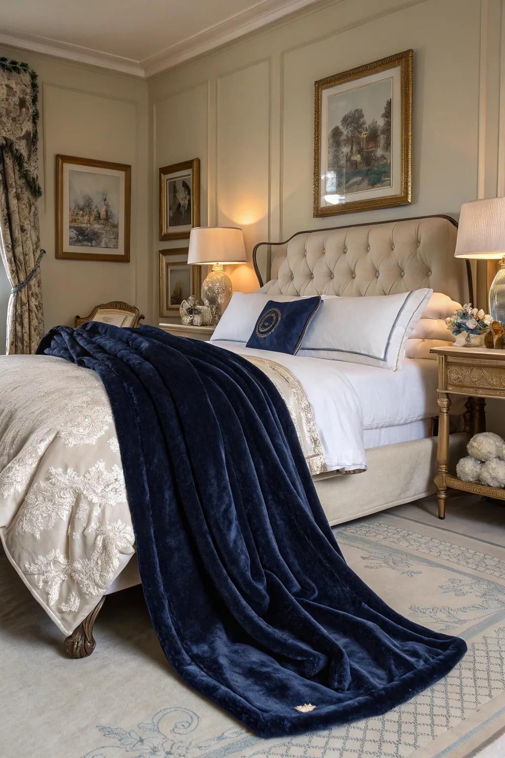 With a soft smooth dark blue throw, you may add luxury.