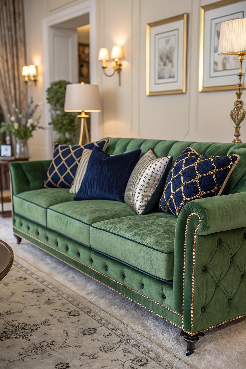 Emerald textile couch creates a striking focal point in an elegant family space.