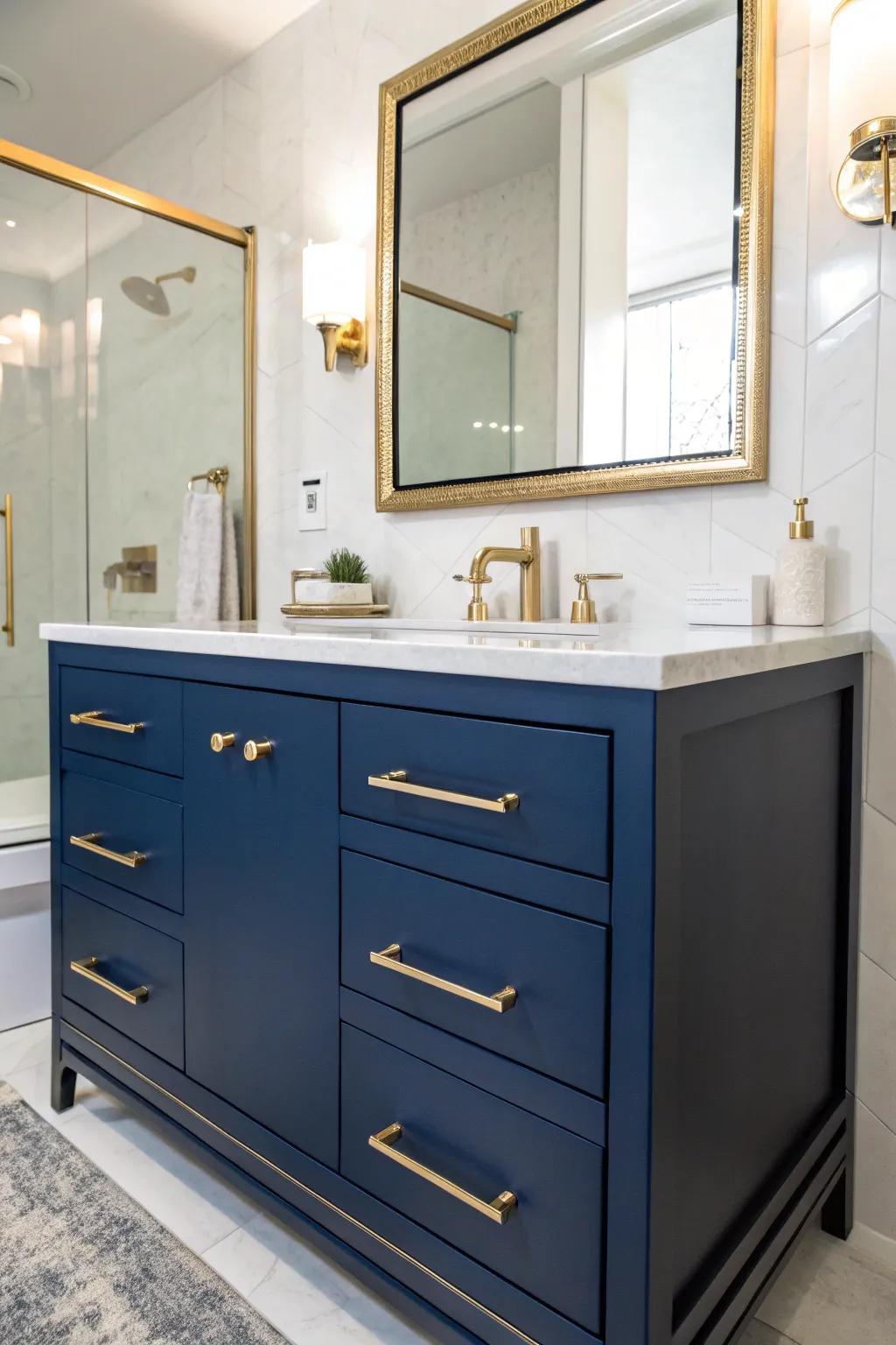 Gilded details enhance the deep sea blue washstand's elegance.