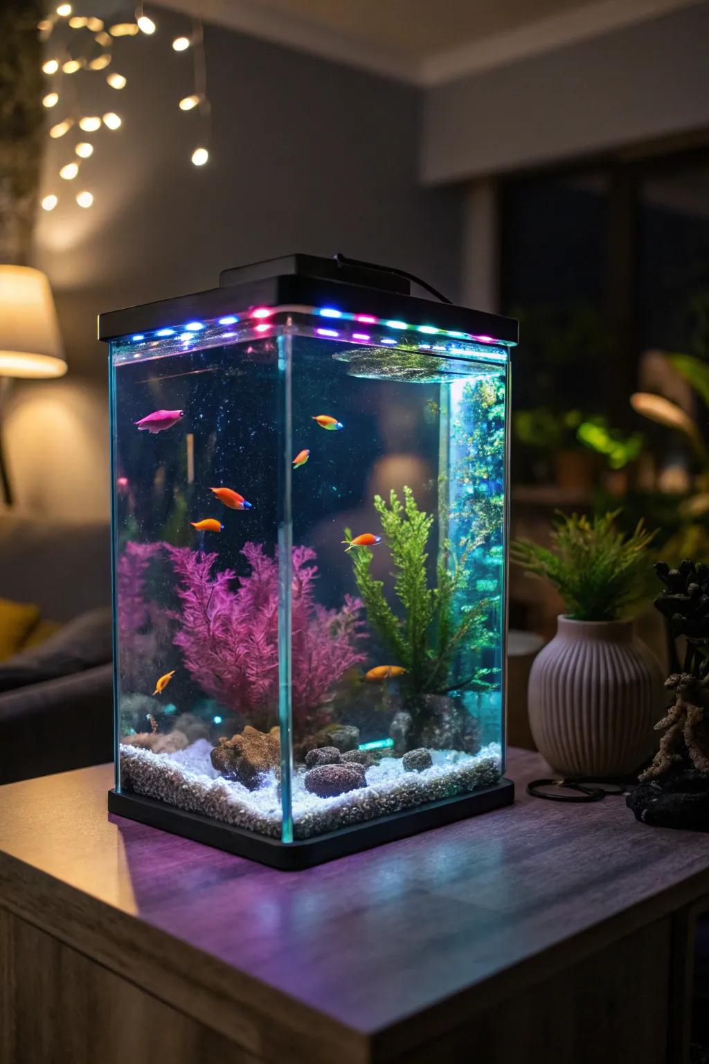 LED luminaries project a vibrant radiance over this fluorescent-themed fish sanctuary.