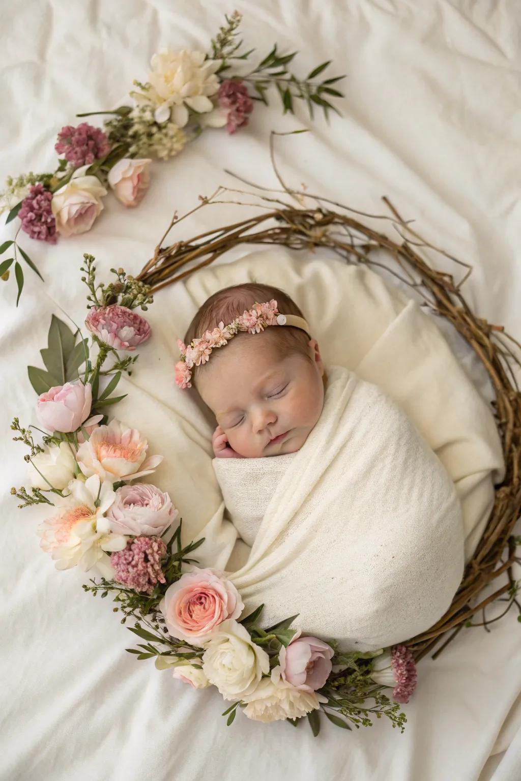 A newborn peacefully nestled in a magnificent floral wreath.