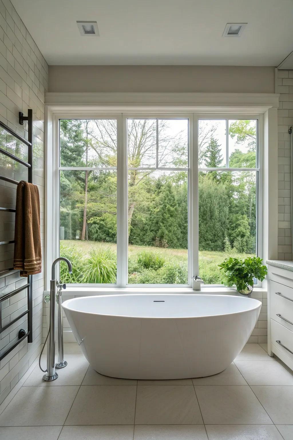 A freestanding bathtub placed stylishly near a large window.