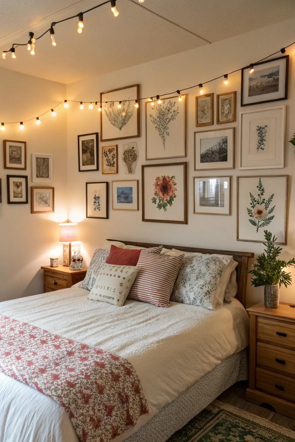 A gallery wall radiates personal style and introduces a welcoming atmosphere to the bedroom.