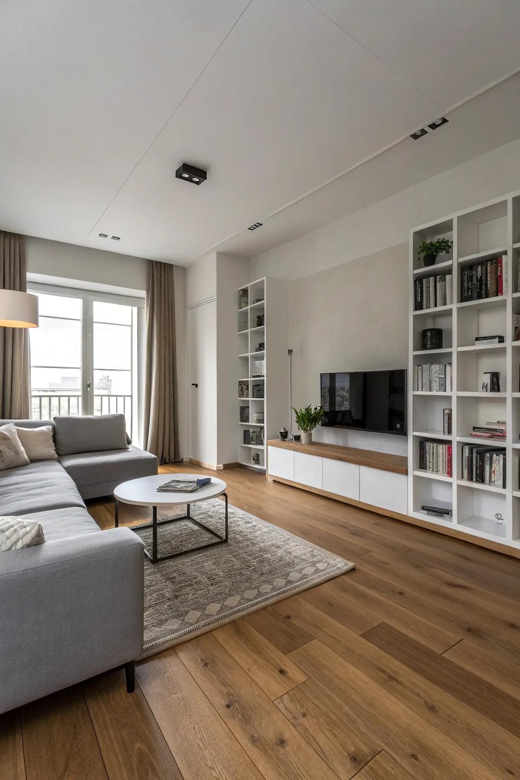 A minimalist living room design emphasizing the allure of oak flooring.