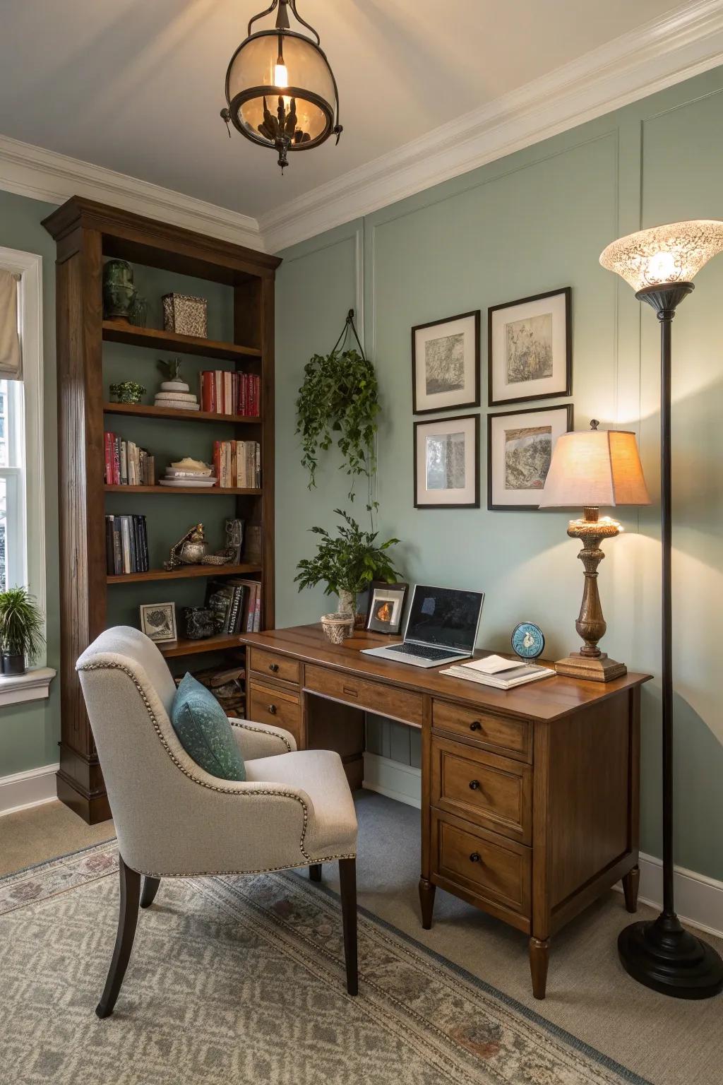 Comfortable all-around lighting turns a home office into a comfortable getaway.