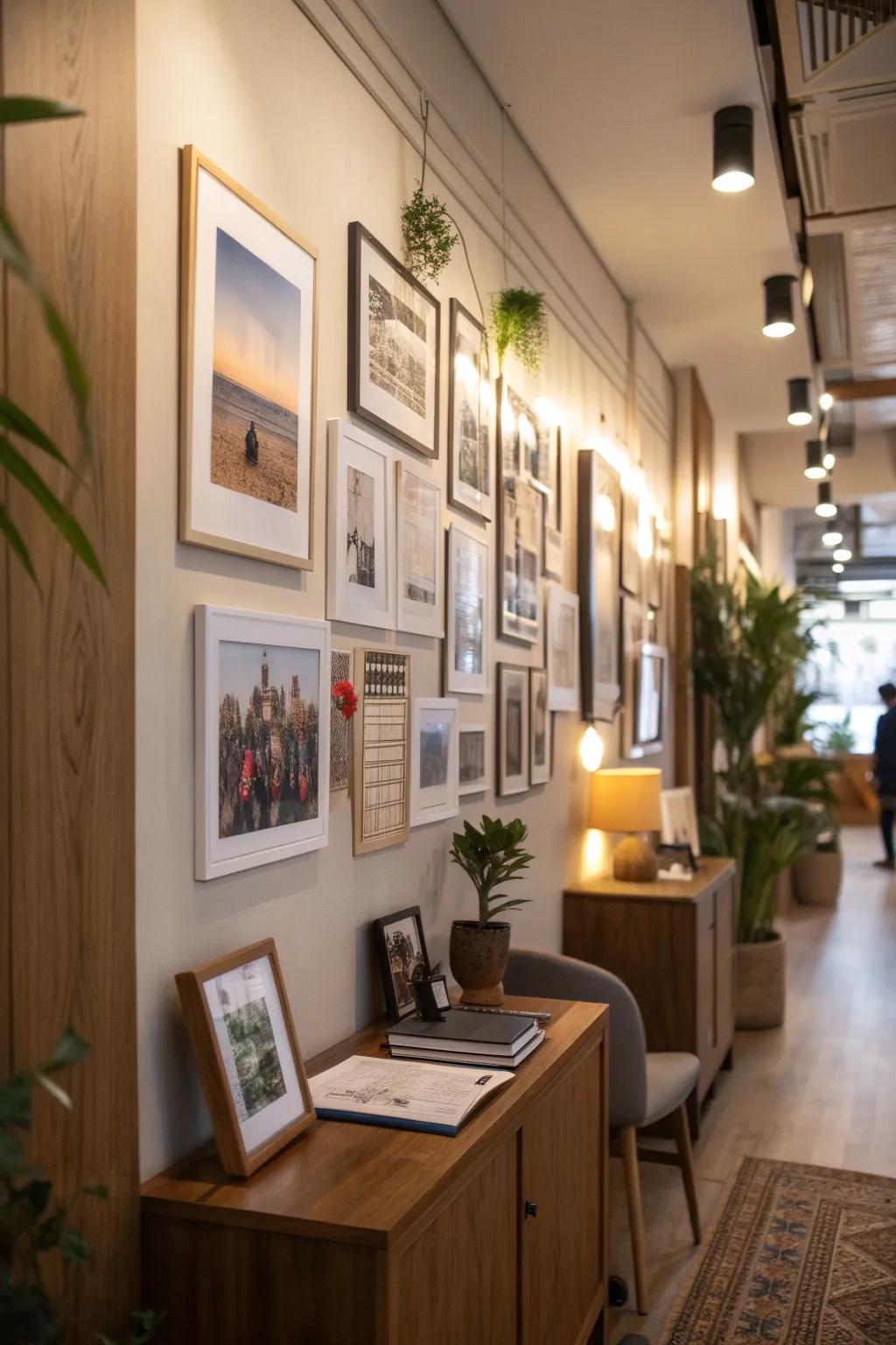 A varied gallery wall that individualizes and invigorates the office precinct.