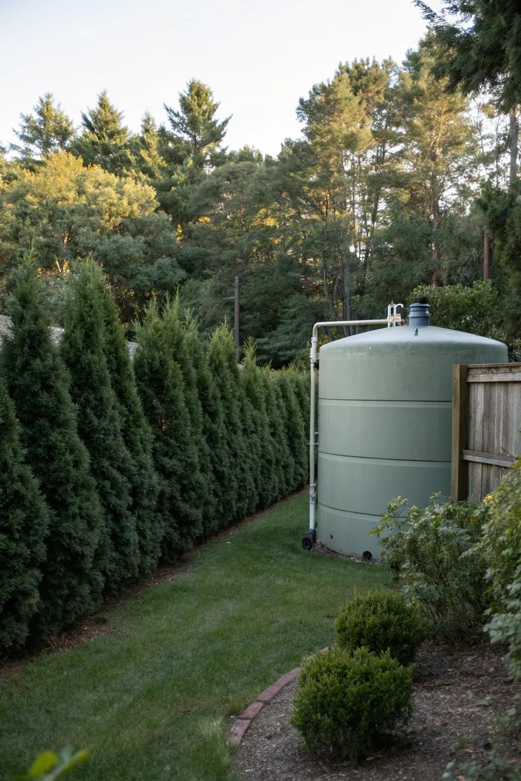 A fuel container cleverly masked by abundant evergreen bushes.