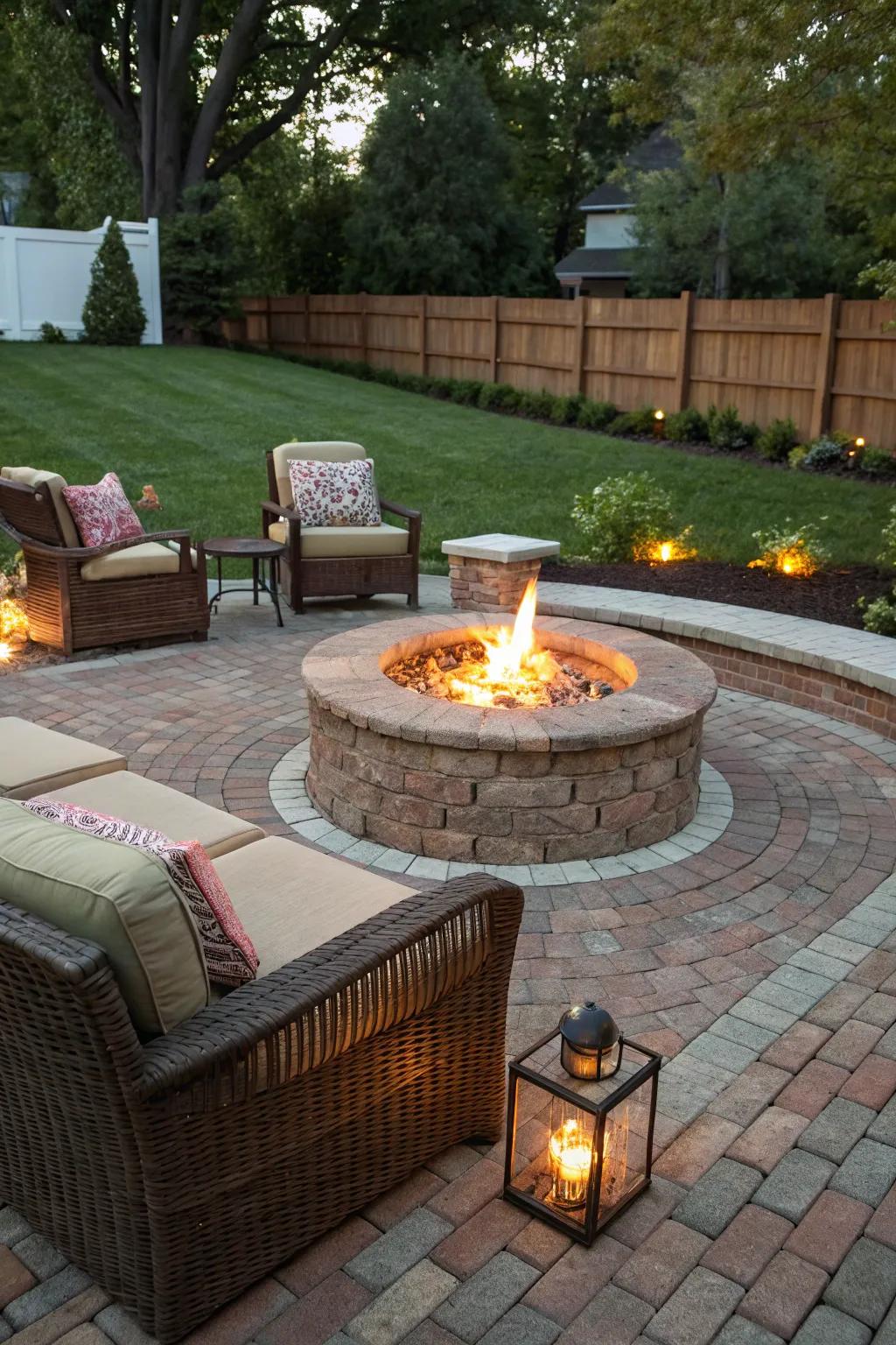 A comfortable hearth transforms this brick patio into an evening refuge