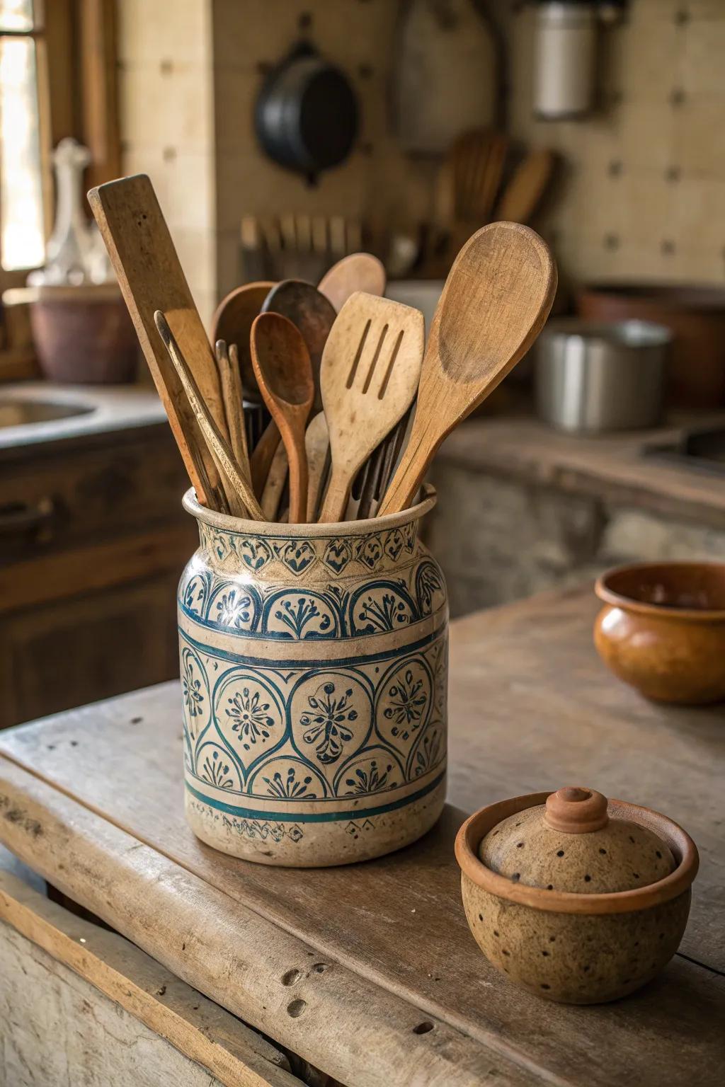 Maintain an orderly kitchen by employing a rustic earthenware tool holder.