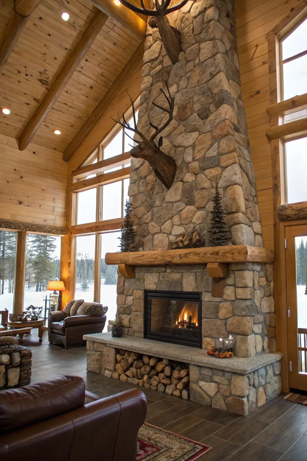 A grand stone fireplace commands attention as the primary feature in a rustic hunting lodge.