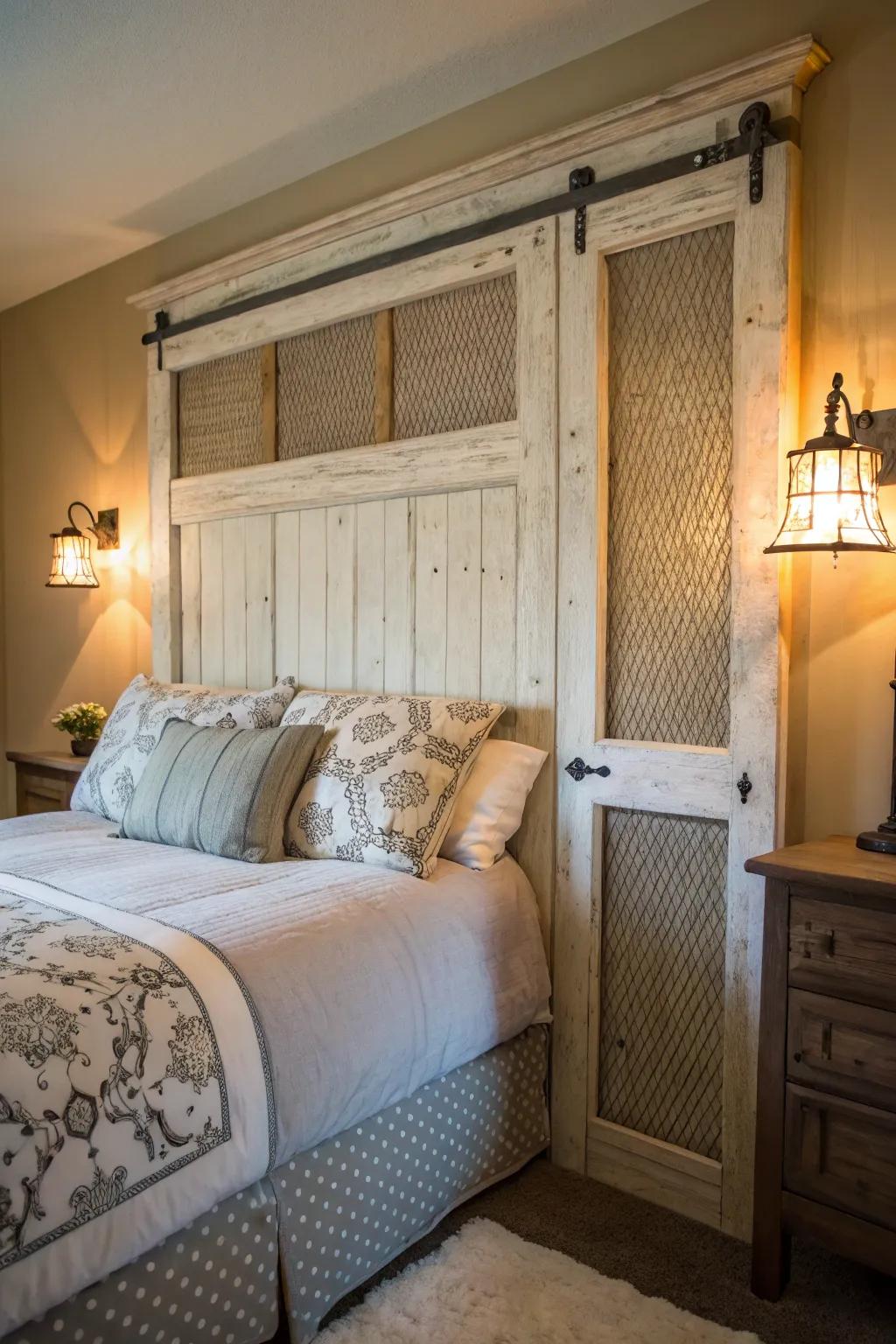 Elevate your slumber space with the allure of a countryside bed feature fashioned from a reclaimed screen door.