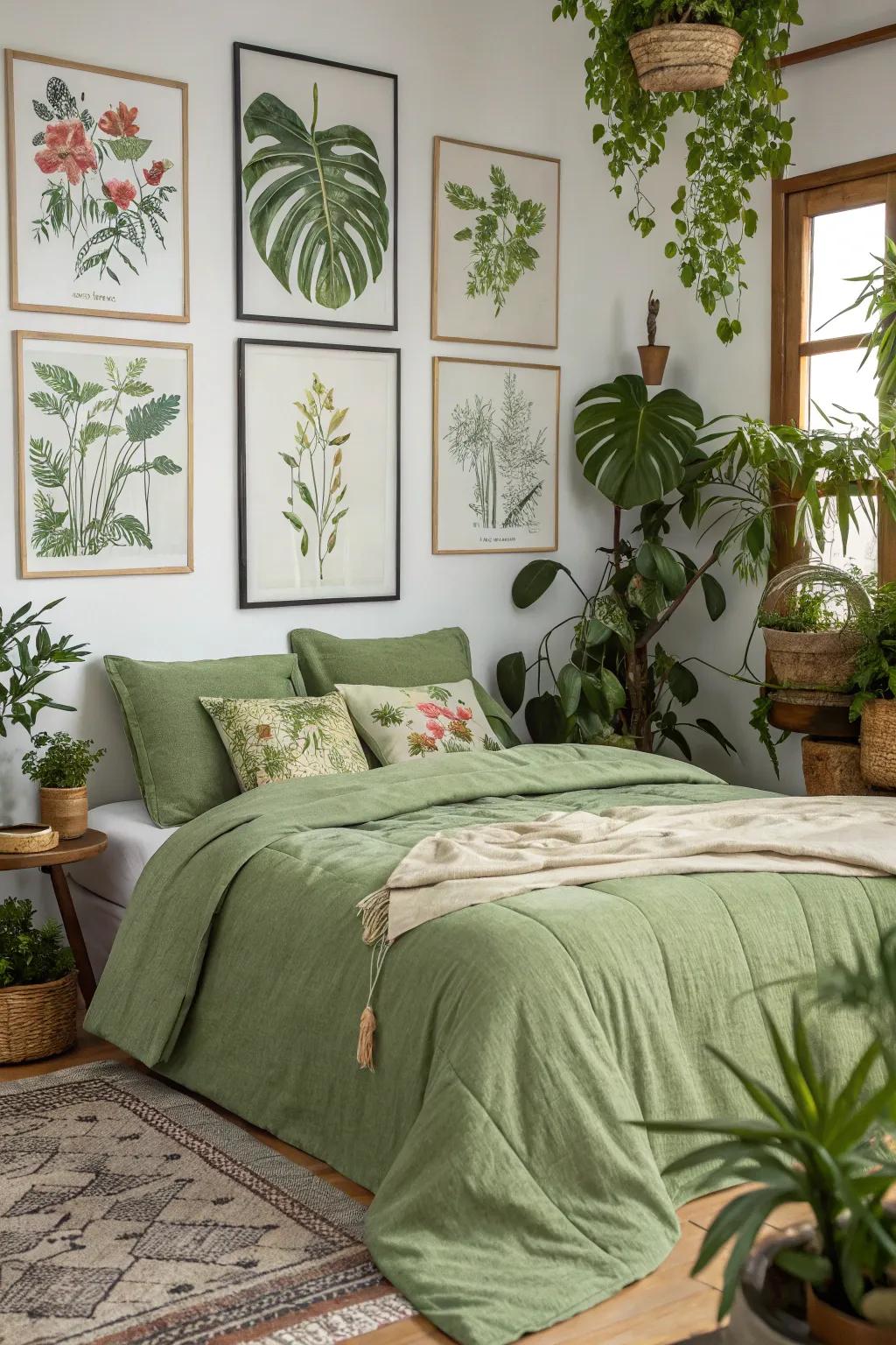 Organic elements beautifully enhance the natural undertones of <strong><em>olive green bedding</em></strong>.” loading=”lazy” class=”pimg”>
	</picture><figcaption>Organic elements beautifully enhance the natural undertones of <strong><em>olive green bedding</em></strong>.</figcaption></figure>
<p>Unite botanical designs or actual plants with your olive green bedding to amplify the organic charm. This strategy draws the tranquility of the outdoor world indoors, which I find exceptionally pleasing for a revitalizing and crisp bedroom environment.</p>
<h3>These products might help:</h3>
<ul class=