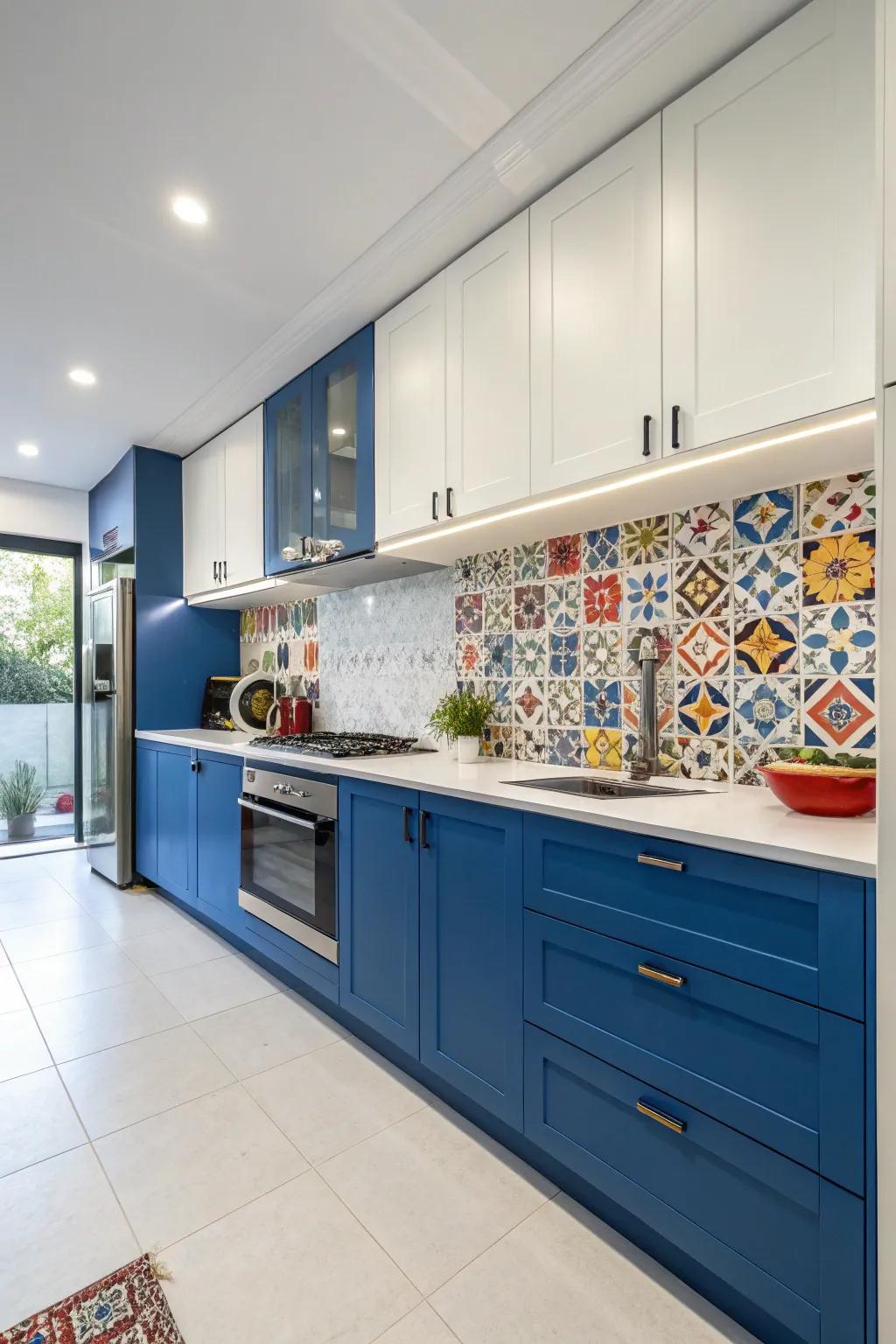 A kitchen where striking turquoise cabinetry adds brilliant vitality.