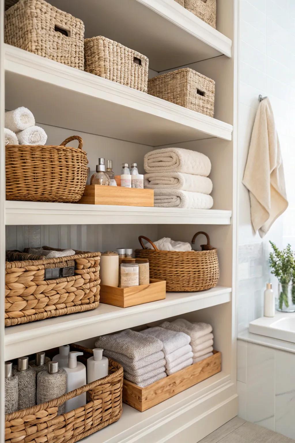 Braided baskets offer fashionable, concealed storage on open shelves.