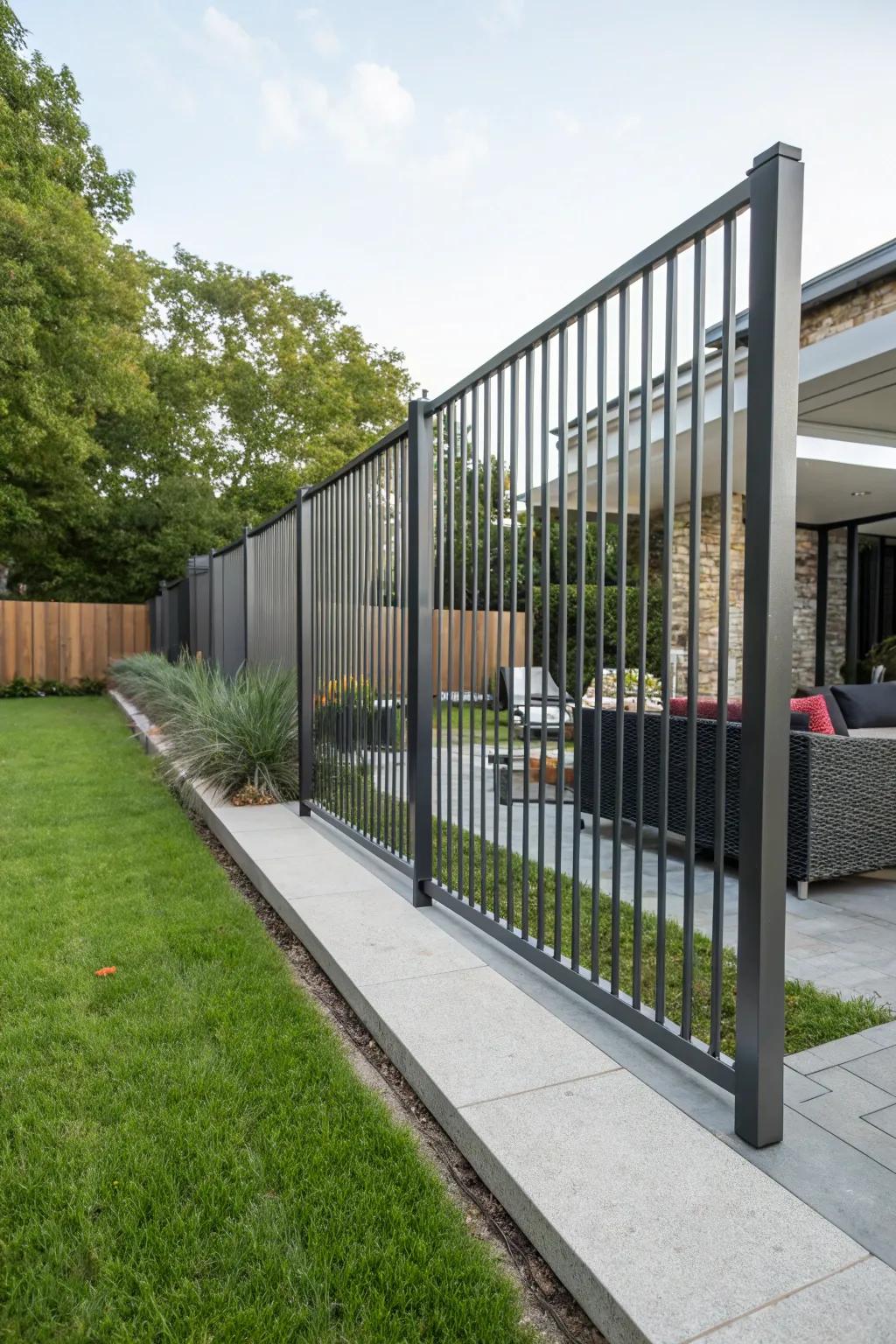 Sleek upright metallic strips present a contemporary and airy fence design.