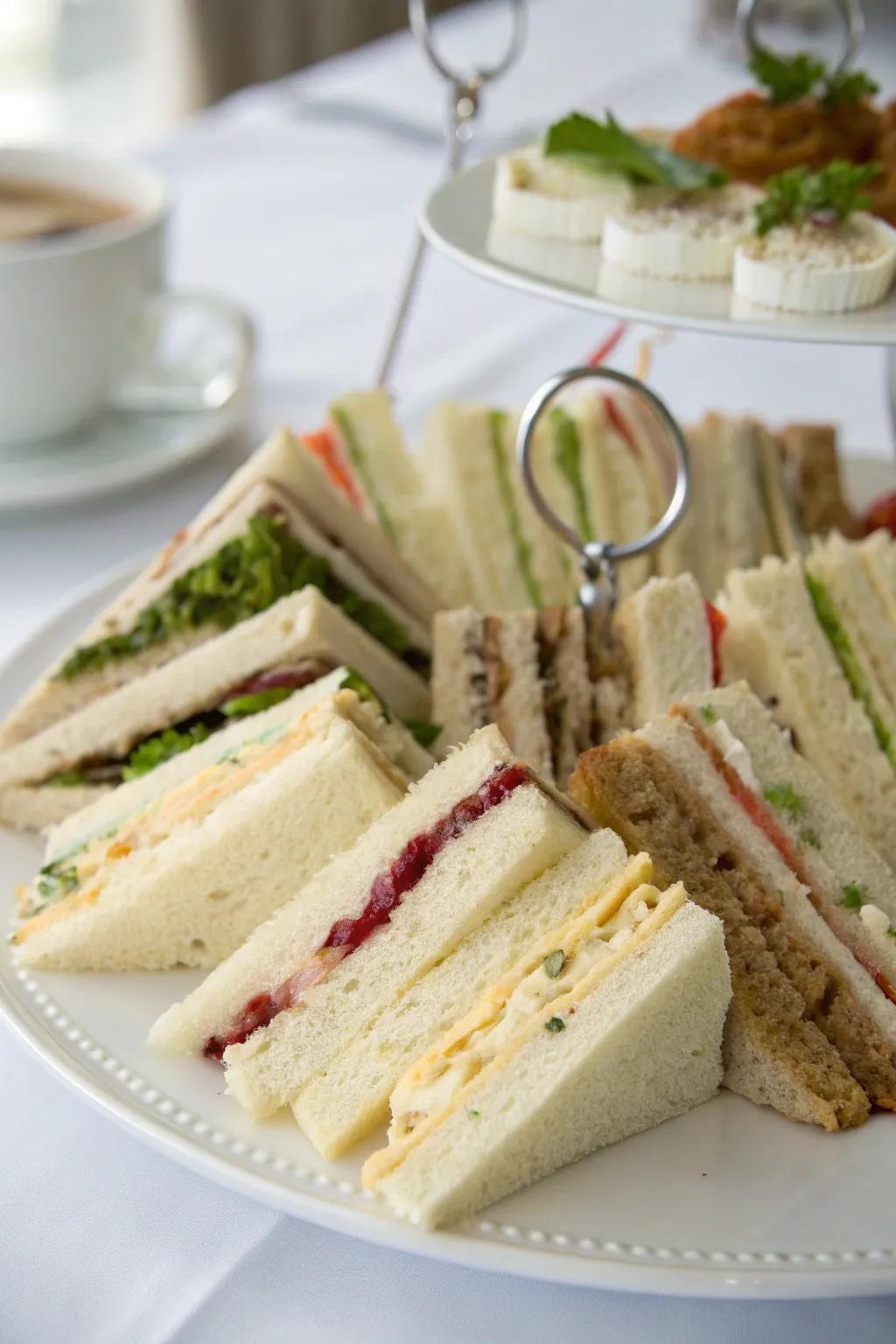 Miniature tea sandwiches add a refined touch to any gathering.