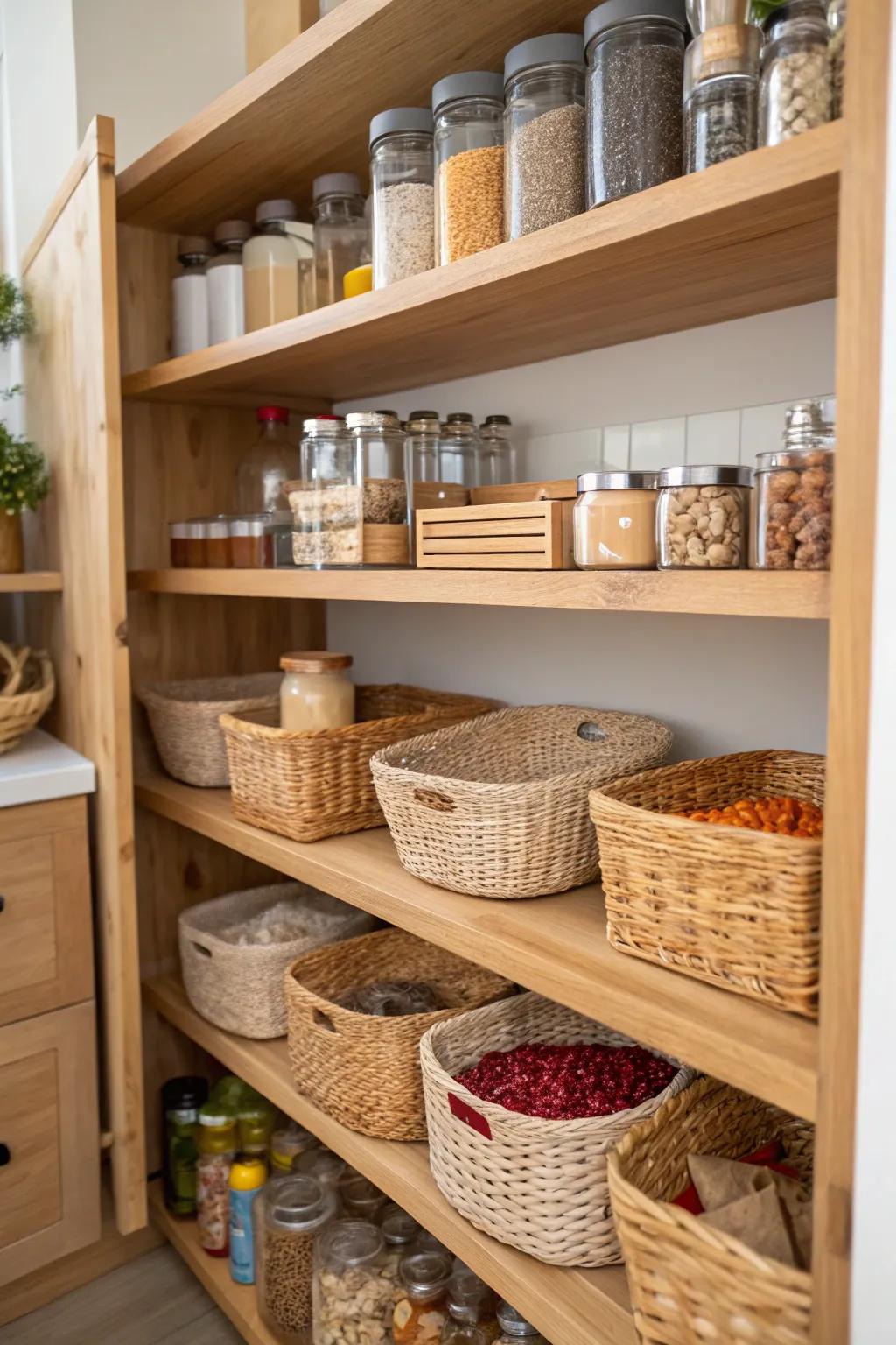 Wooden shelves and natural bamboo baskets create a warm and inviting look in the pantry.