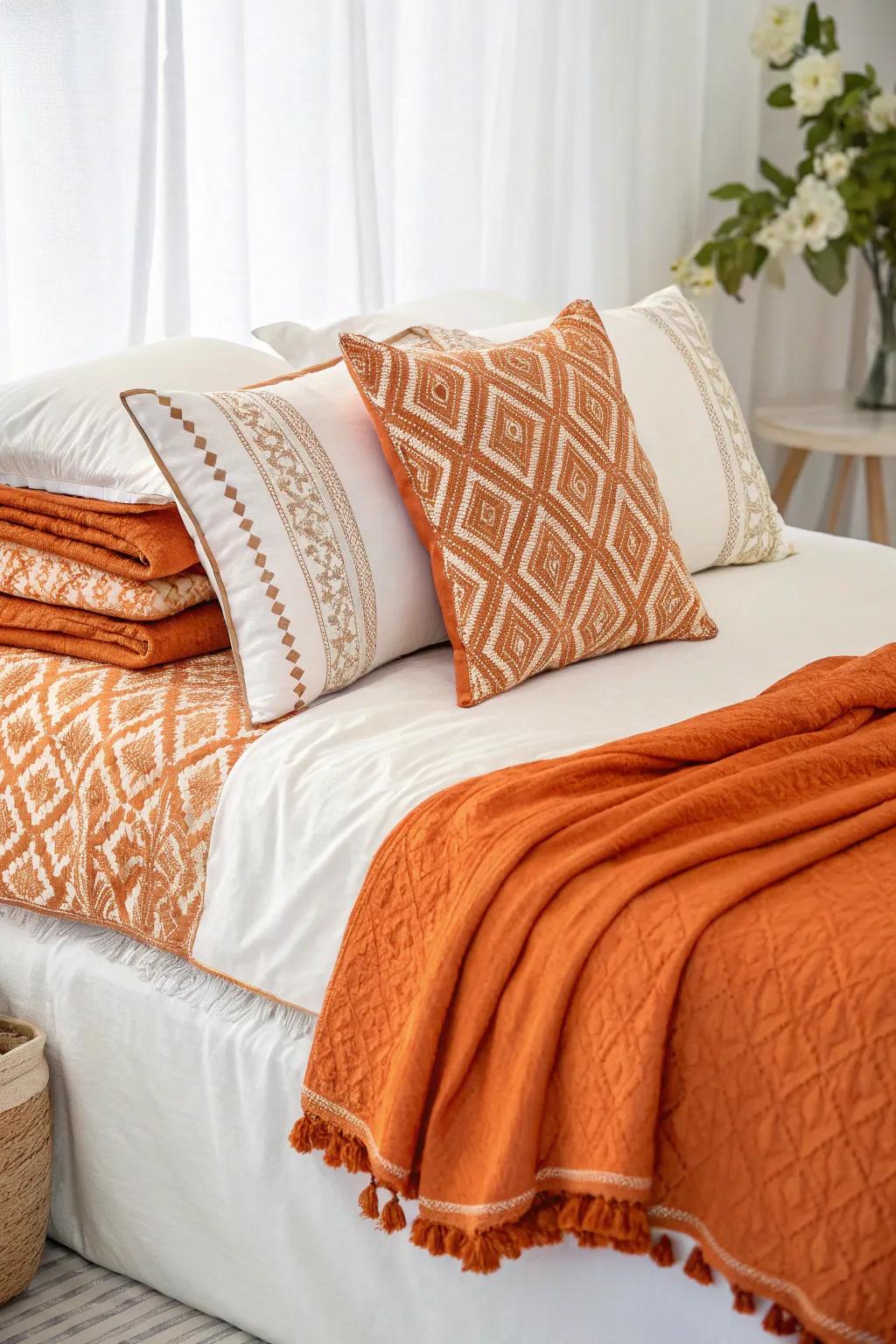 Layers of orange textiles infuse warmth and depth into the space.