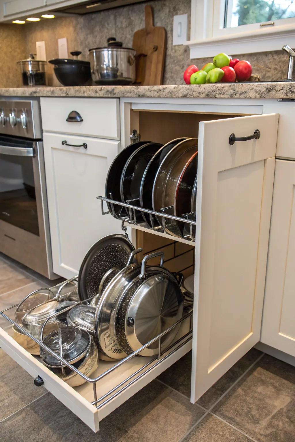 Slide-out hangers storing pots and lids neatly inside a cabinet.