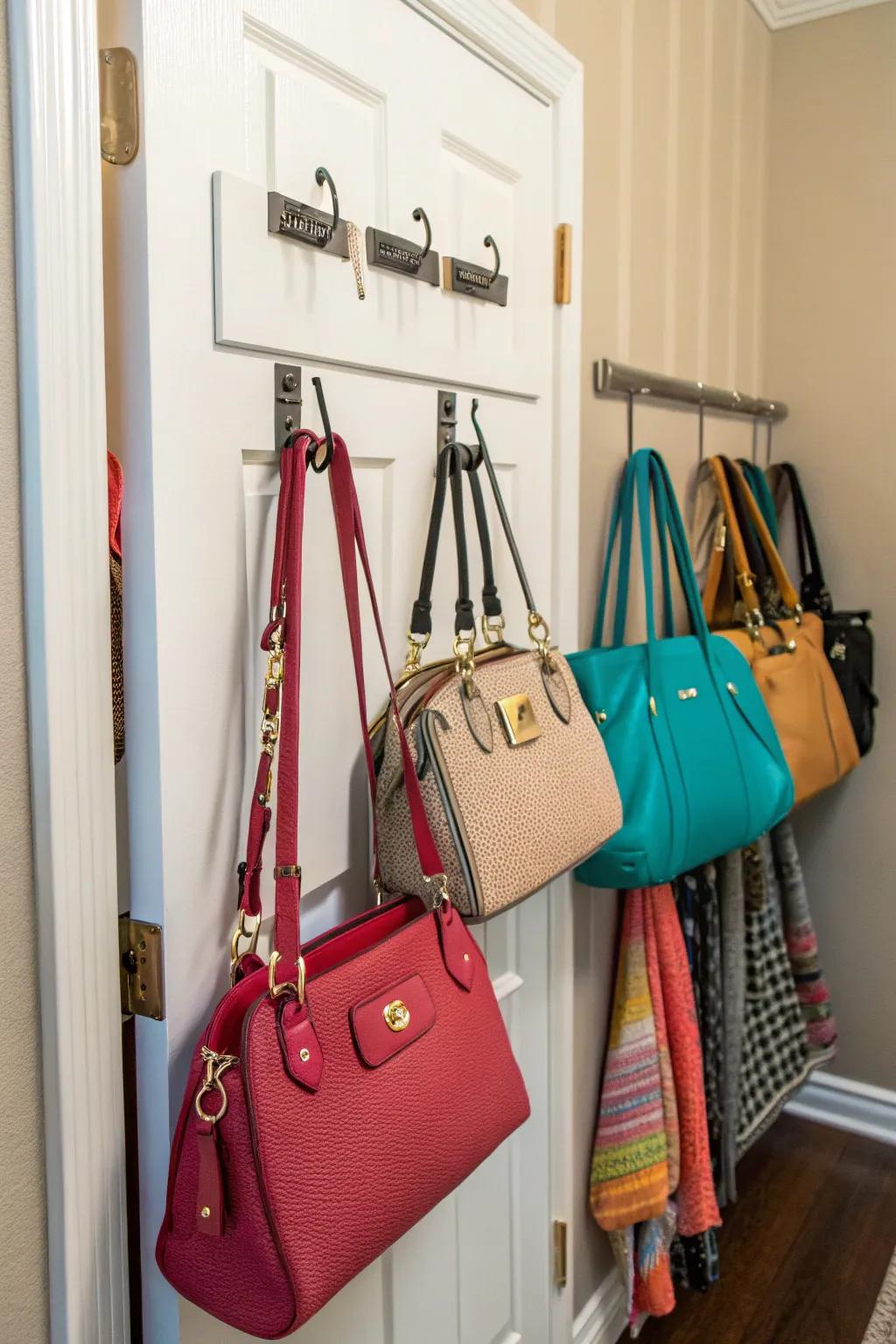 Simple hooks can transform your closet into an accessible haven for handbags.