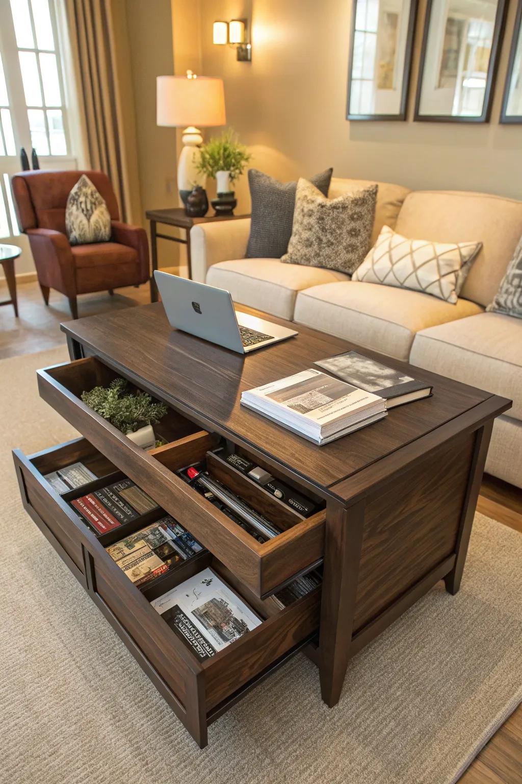 A coffee table that incorporates storage is both attractive and useful.