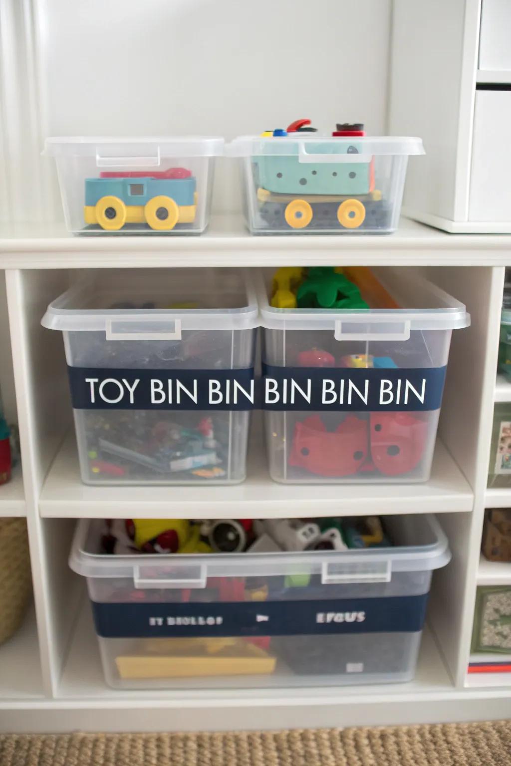 Easy toy arrangement using clear containers.