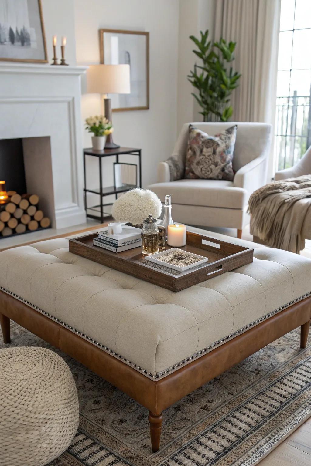 An ottoman styled as a central coffee table accent.