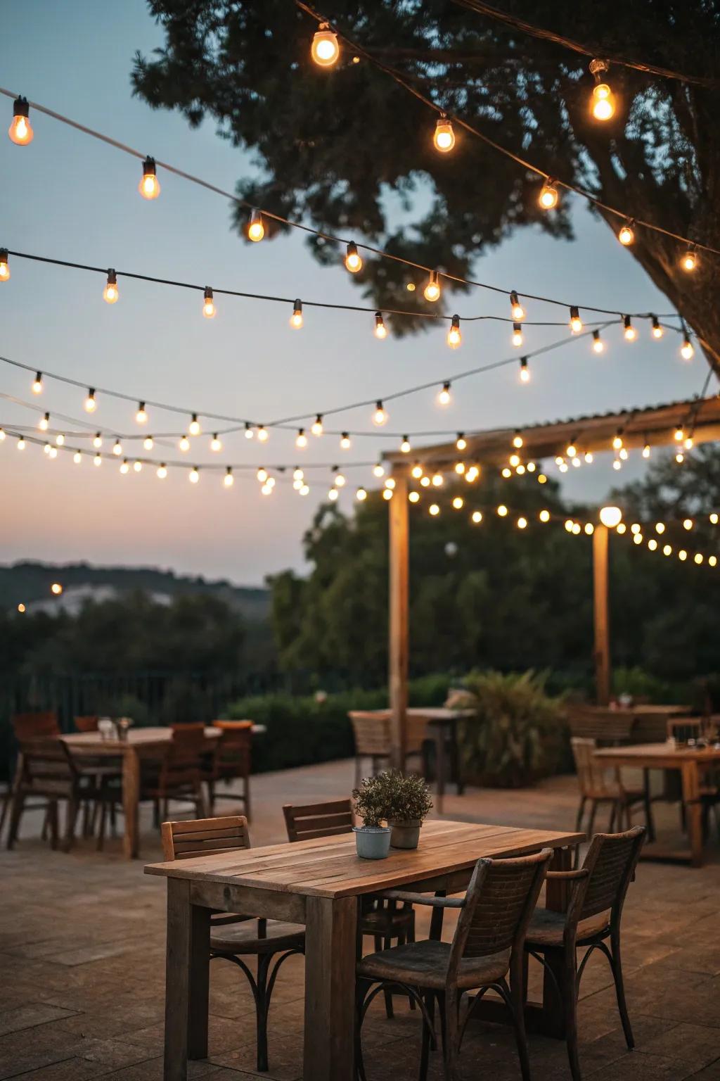 An enchanted alfresco feasting expanse illuminated by radiant strands.