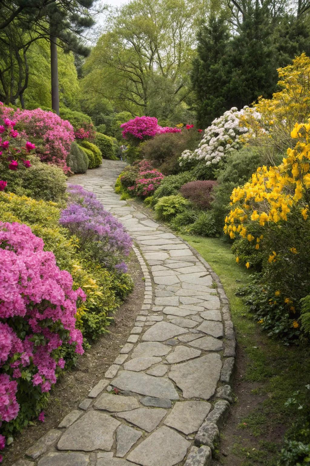 A captivating stone path leading through the verdant garden.