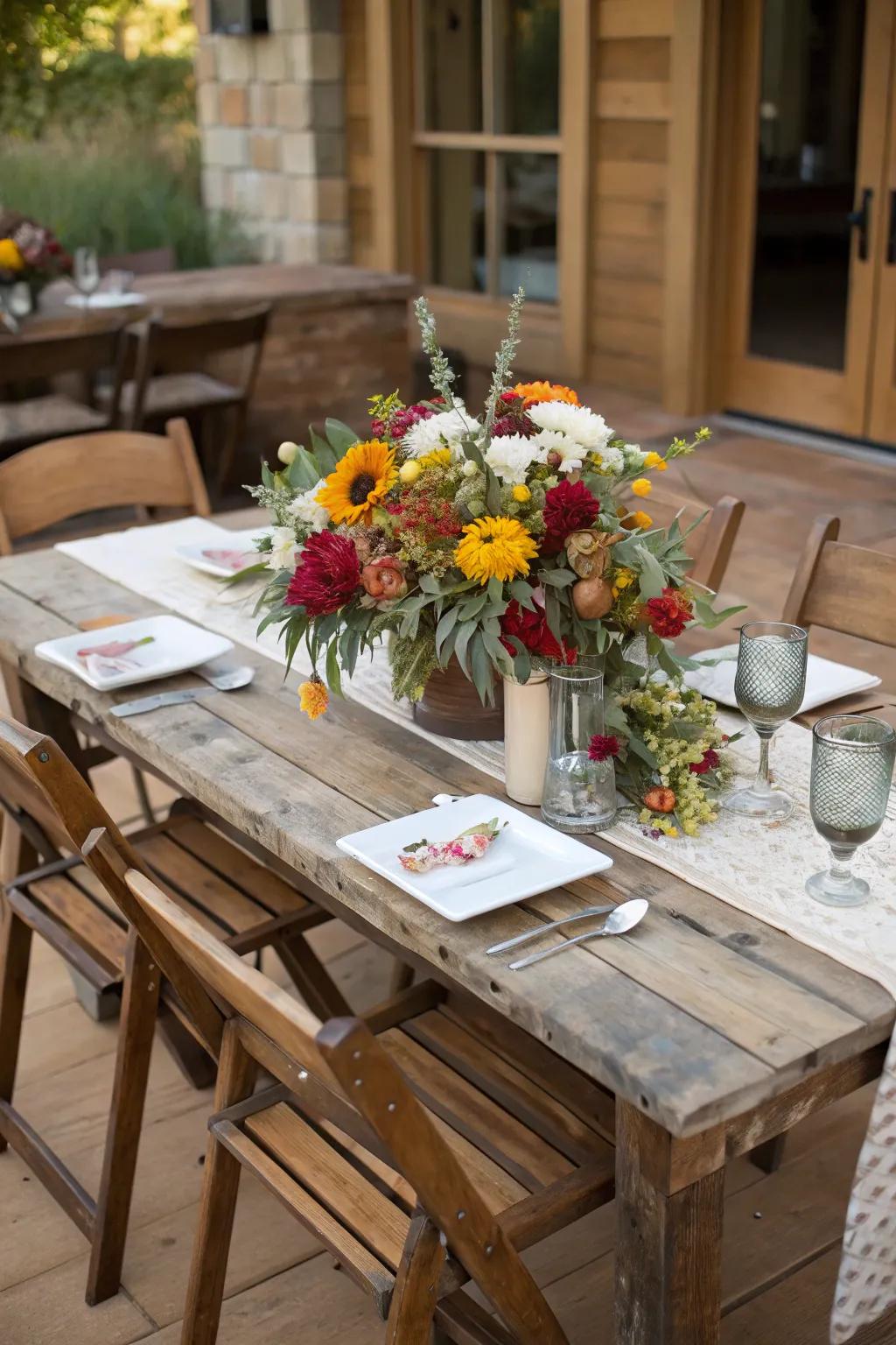 Earthy tables and seasonal blossom accents amplify the allure.