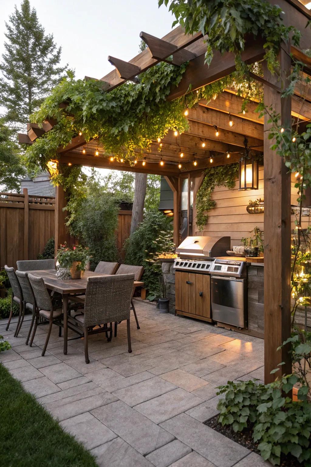 A grill area beneath a pergola, offering both shade and aesthetic appeal.