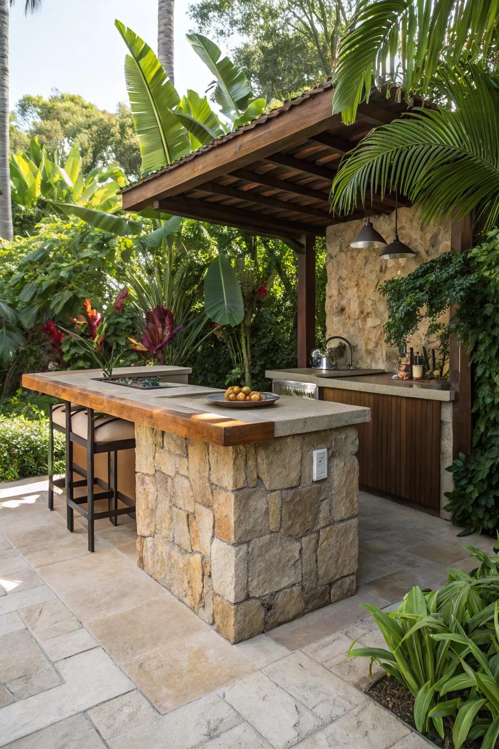 An island bar design fosters interaction and serves as a central locale for gathering.