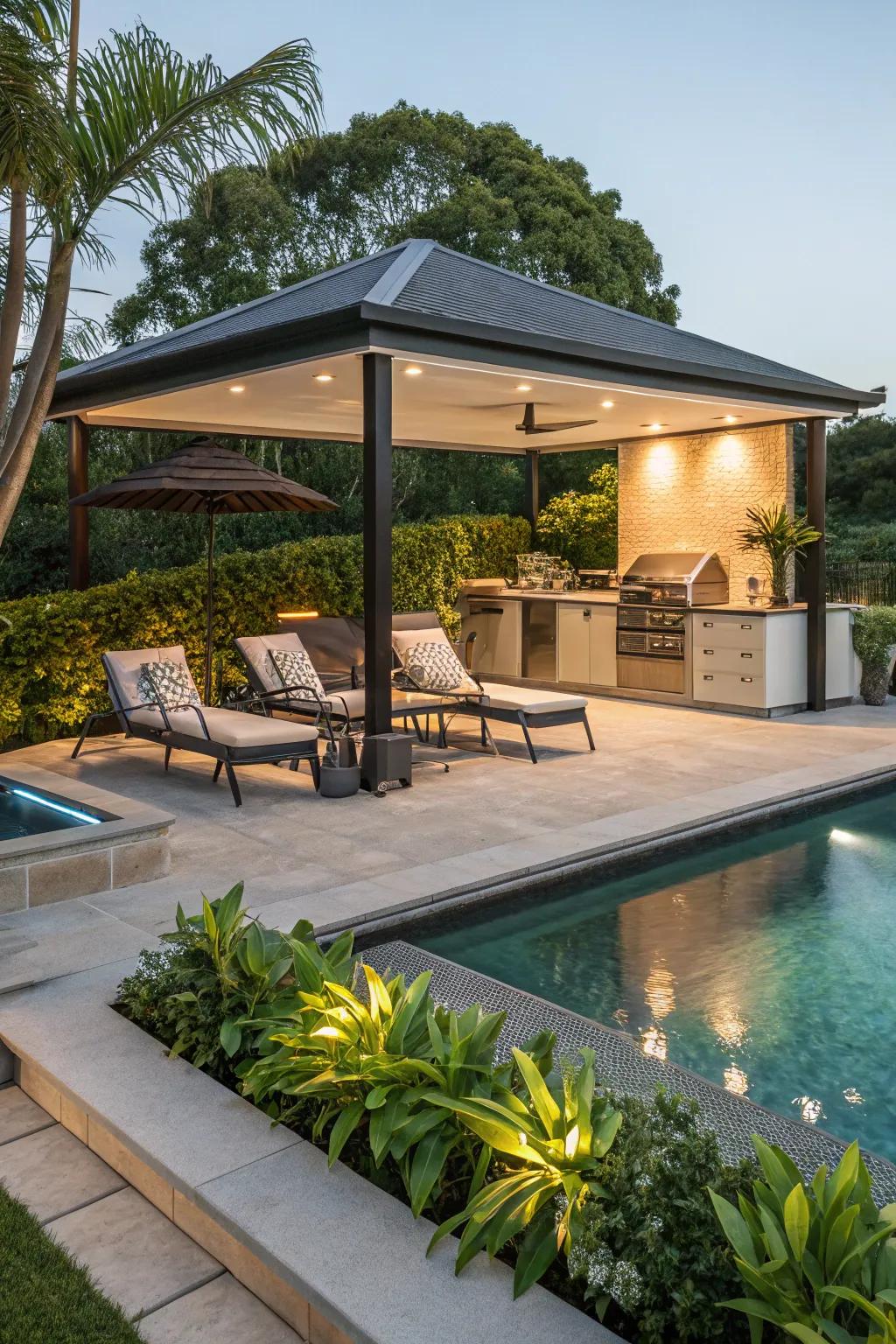 Design a waterside dream with an outdoor cooking gazebo.