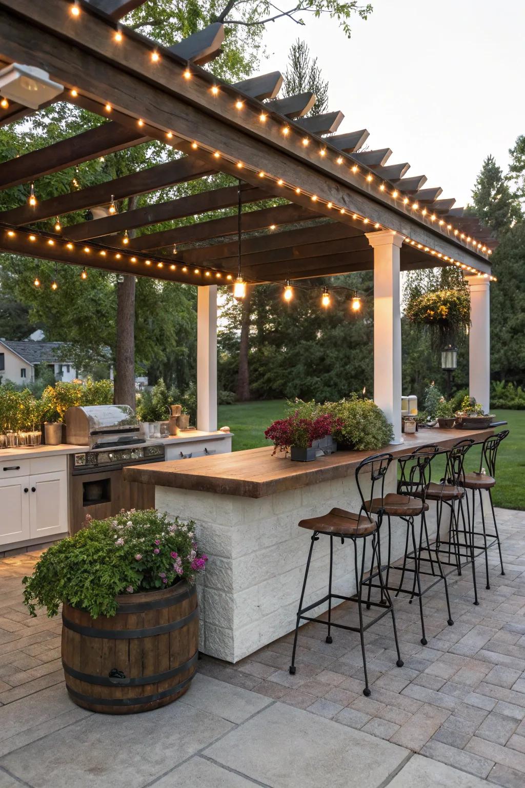 A delightful outdoor kitchen with a pergola and soft lighting.