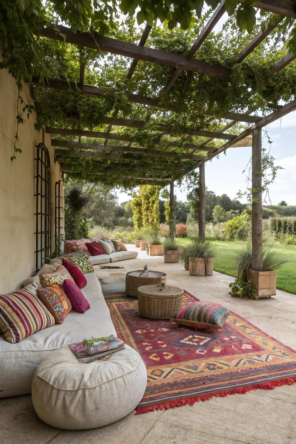 Establish a cozy al fresco lounge with lively colors and comfortable seating arrangements.