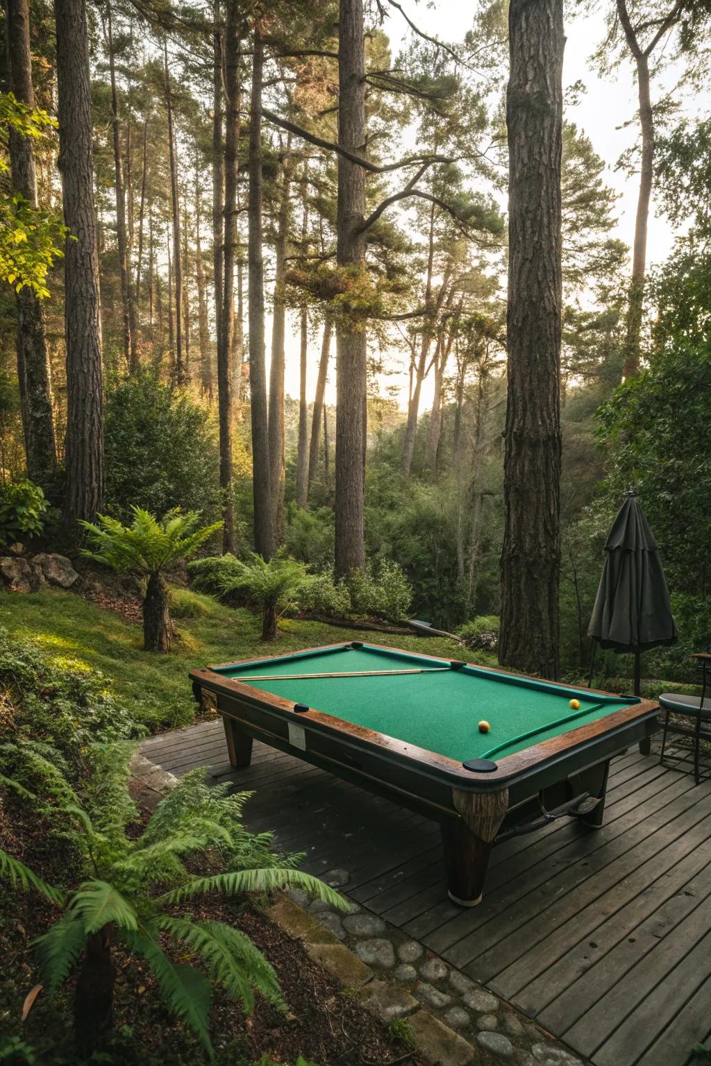 A pool table positioned among a forested garden, creating a calm nature-inspired setting.