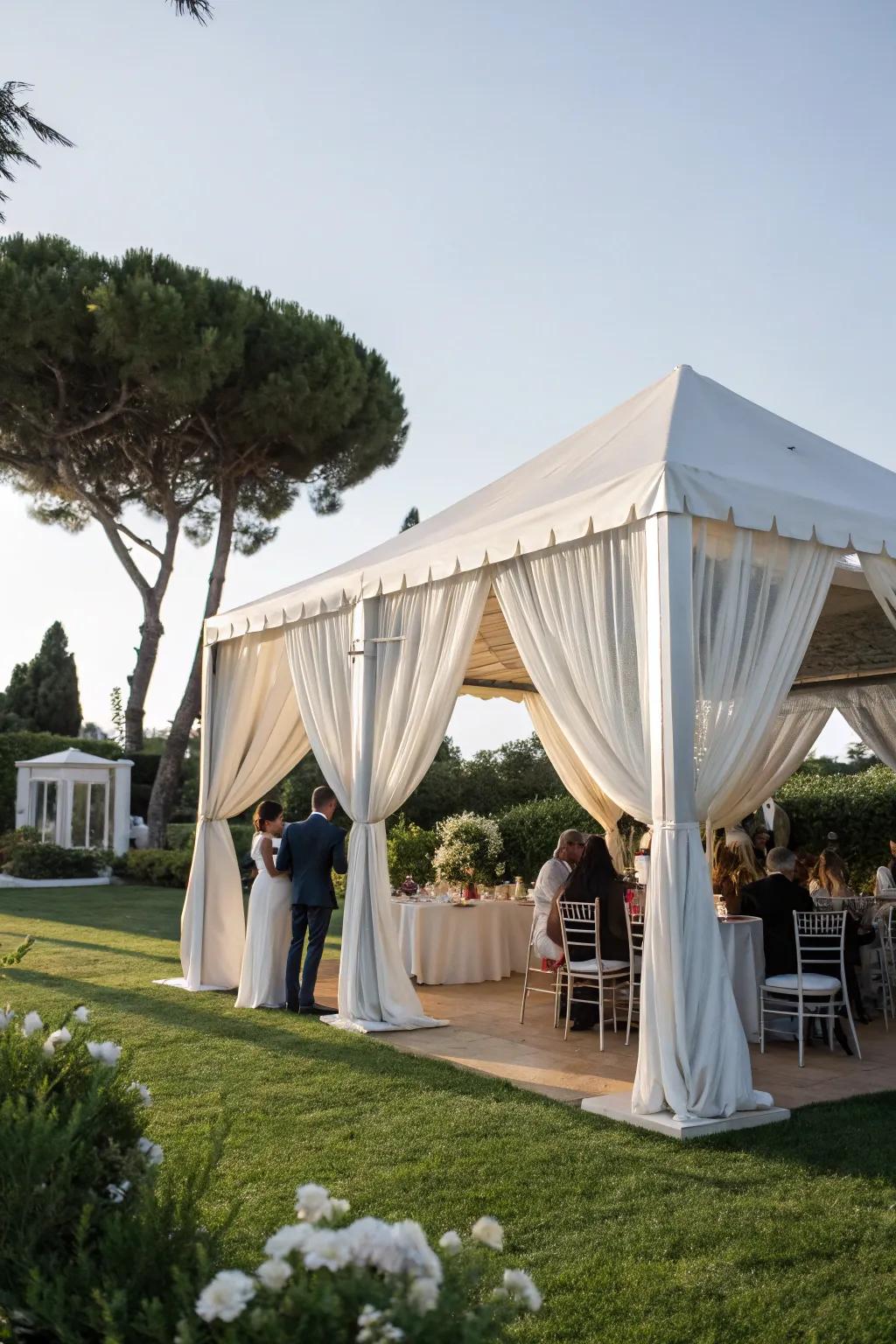 Refined fabric imparts an elegant impression to canopied galas.